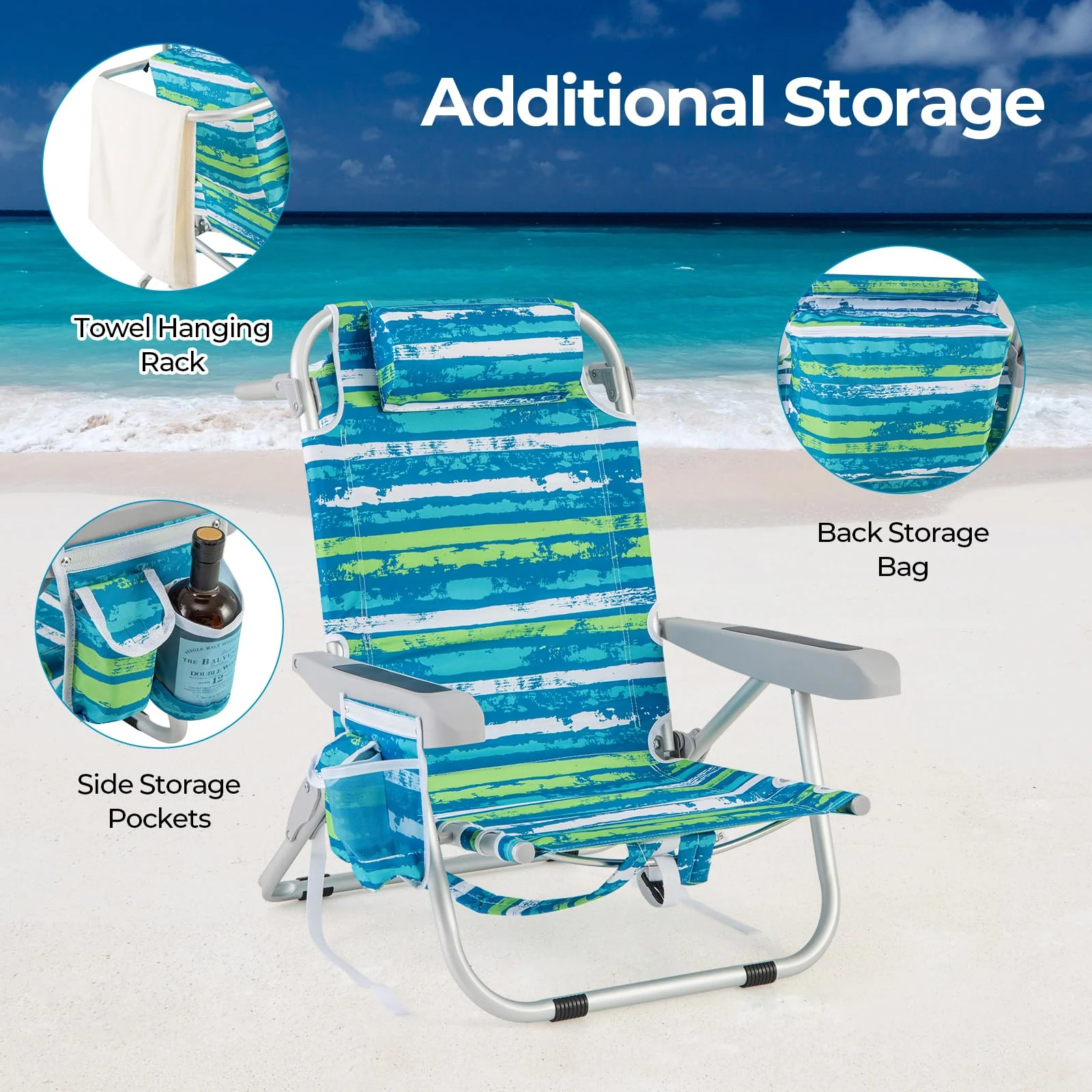 Goplus Folding Backpack Beach Chairs, Aluminum Sling Camping Chair with 5-Position Backrest, Towel Hanging Rack - Image 8