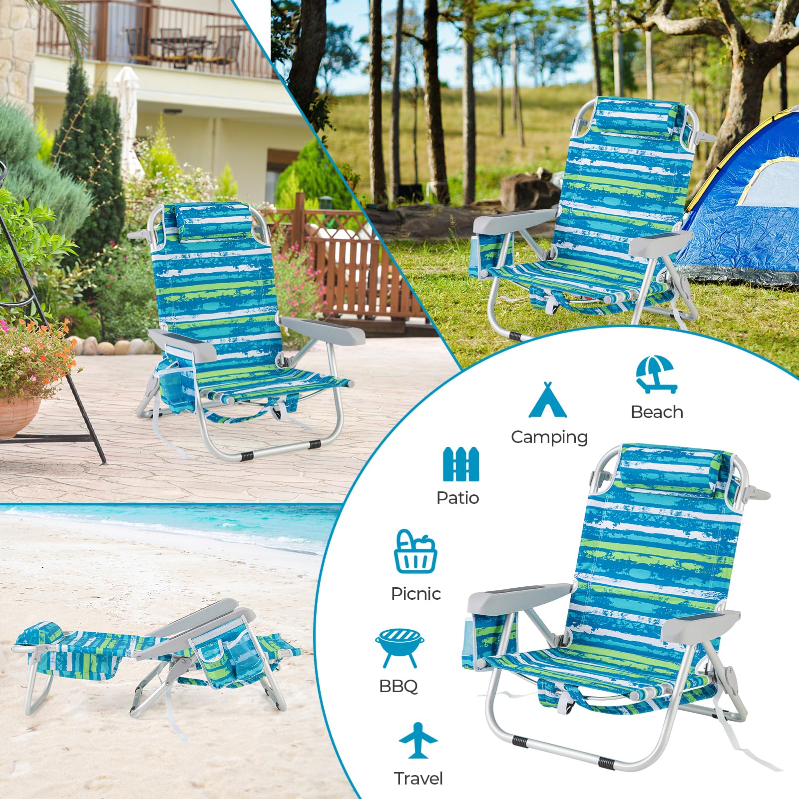 Goplus Folding Backpack Beach Chairs, Aluminum Sling Camping Chair with 5-Position Backrest, Towel Hanging Rack - Image 9