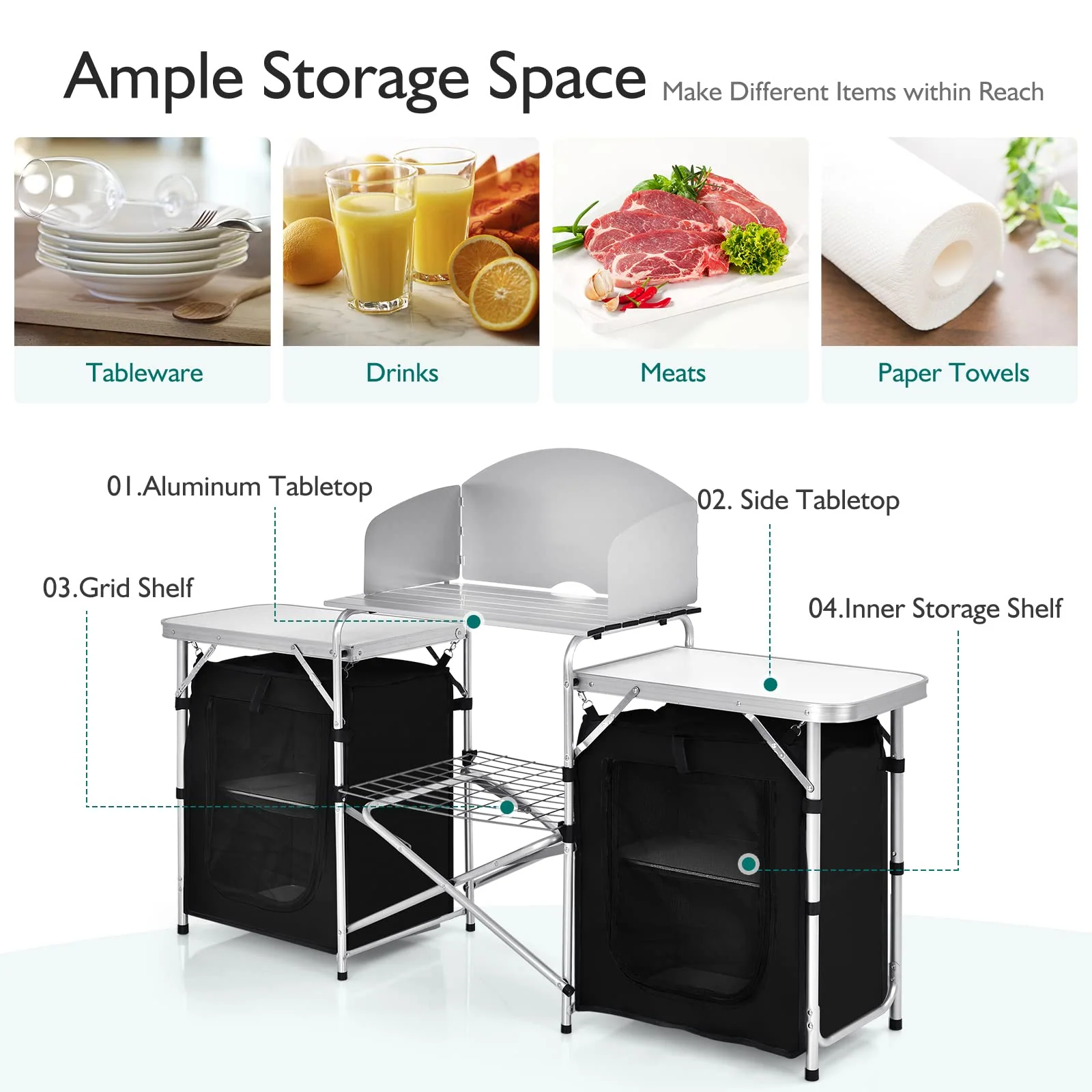 Goplus Folding Camping Kitchen Table with Storage - Image 4