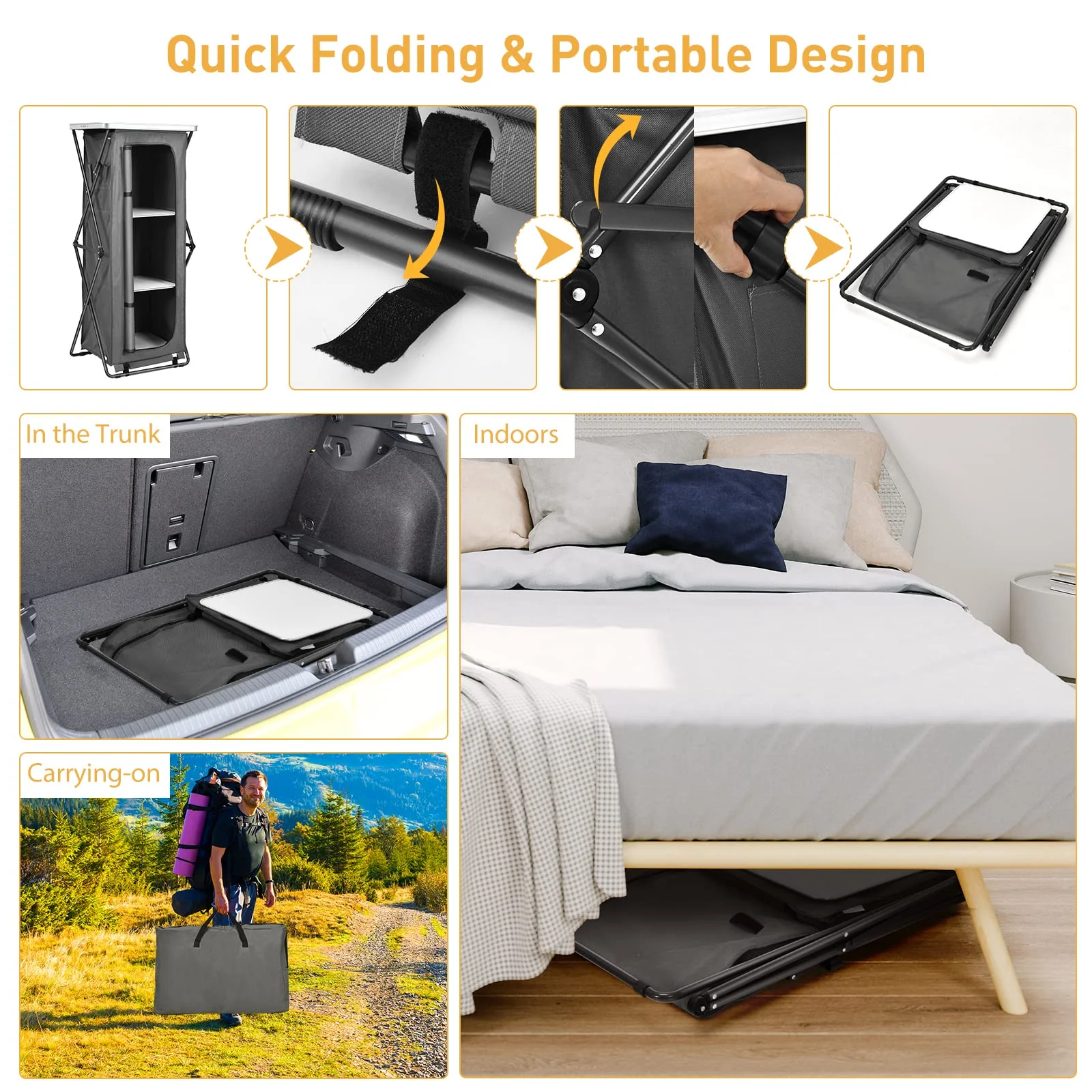 Goplus Folding Camping Storage Cabinet, Pop Up Outdoor Camping Kitchen Station with Large 3-Tier Storage Organizer - Image 3