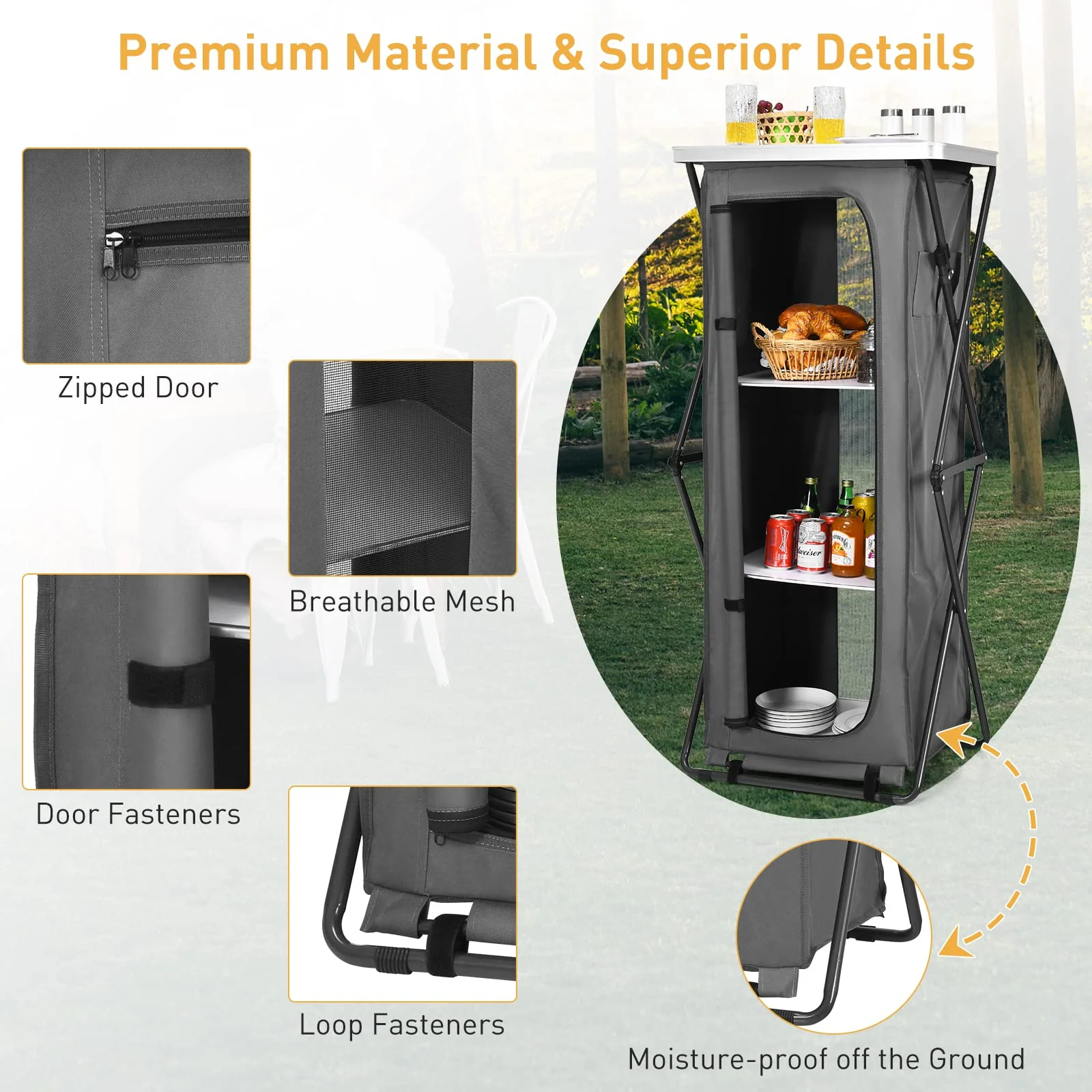 Goplus Folding Camping Storage Cabinet, Pop Up Outdoor Camping Kitchen Station with Large 3-Tier Storage Organizer - Image 5