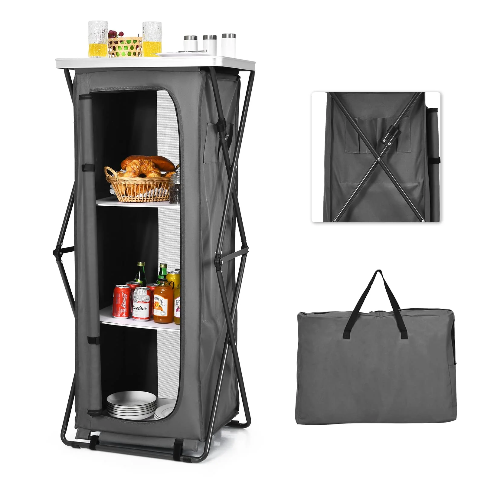 Goplus Folding Camping Storage Cabinet, Pop Up Outdoor Camping Kitchen Station with Large 3-Tier Storage Organizer - Image 8