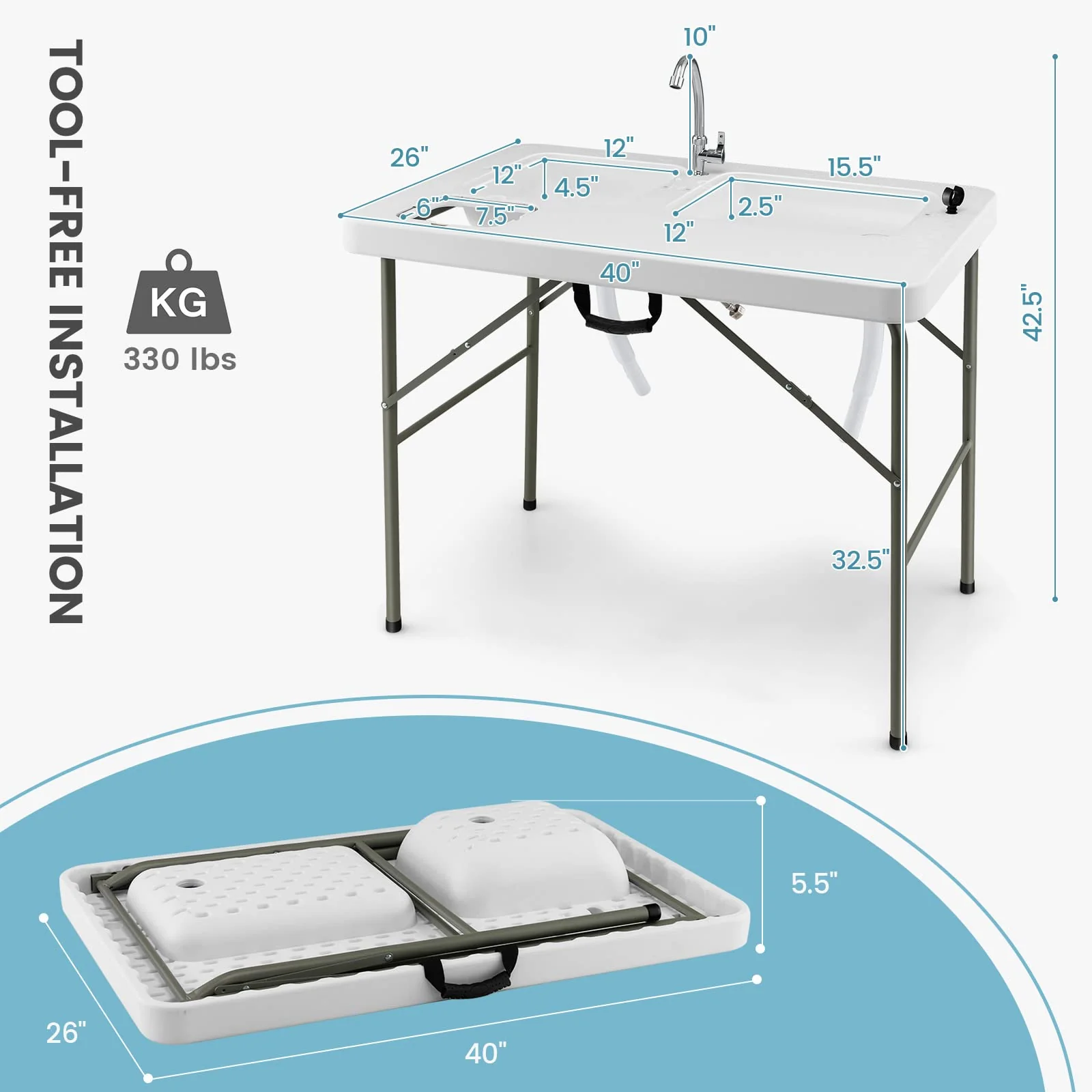 Goplus Folding Fish Cleaning Table with Dual Water Basins - Image 4