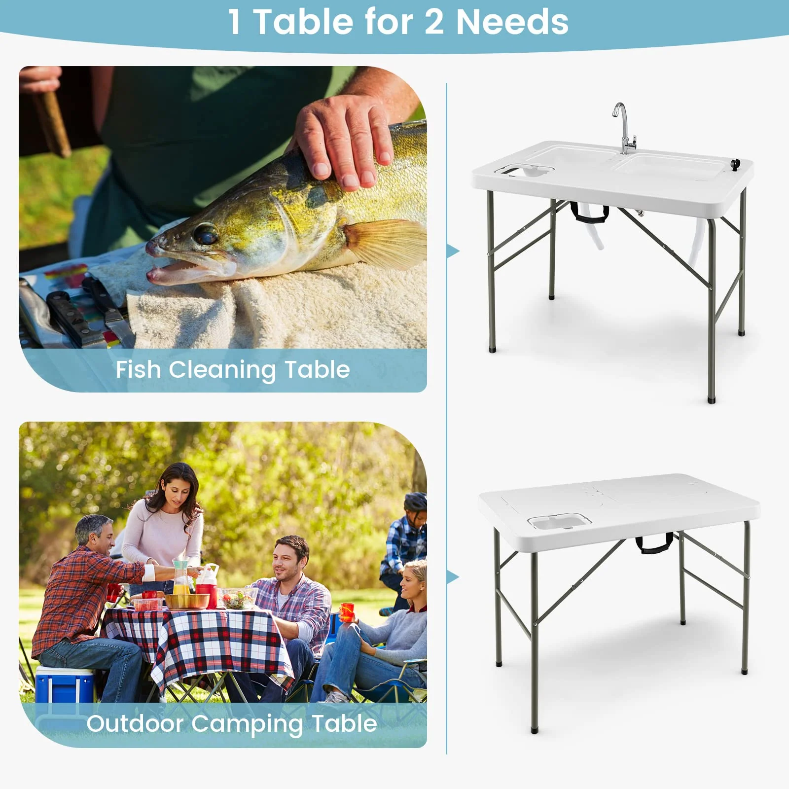 Goplus Folding Fish Cleaning Table with Dual Water Basins - Image 5