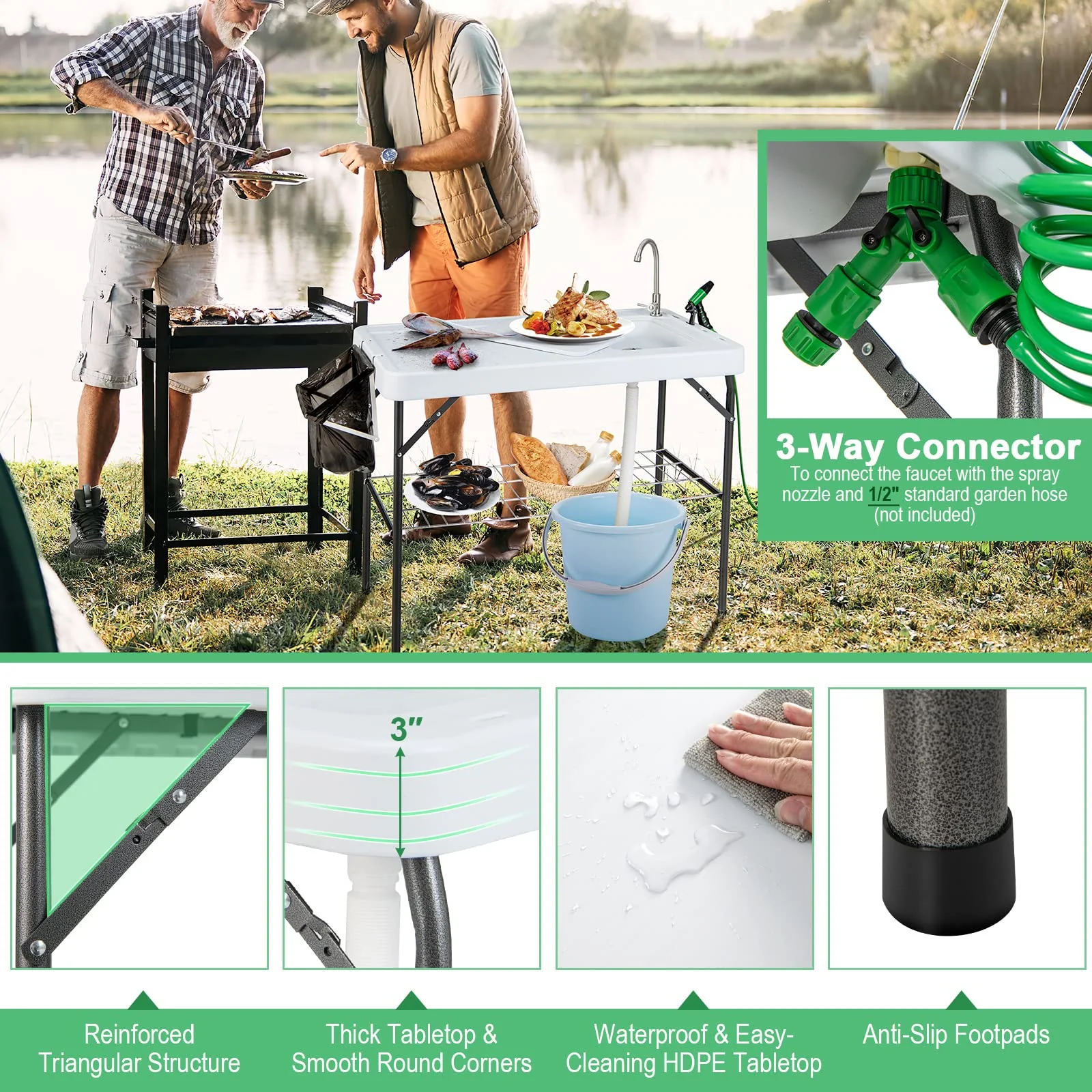 Goplus 42.5'' Folding Fish Cleaning Table with Sink and Spray Nozzle - Image 3