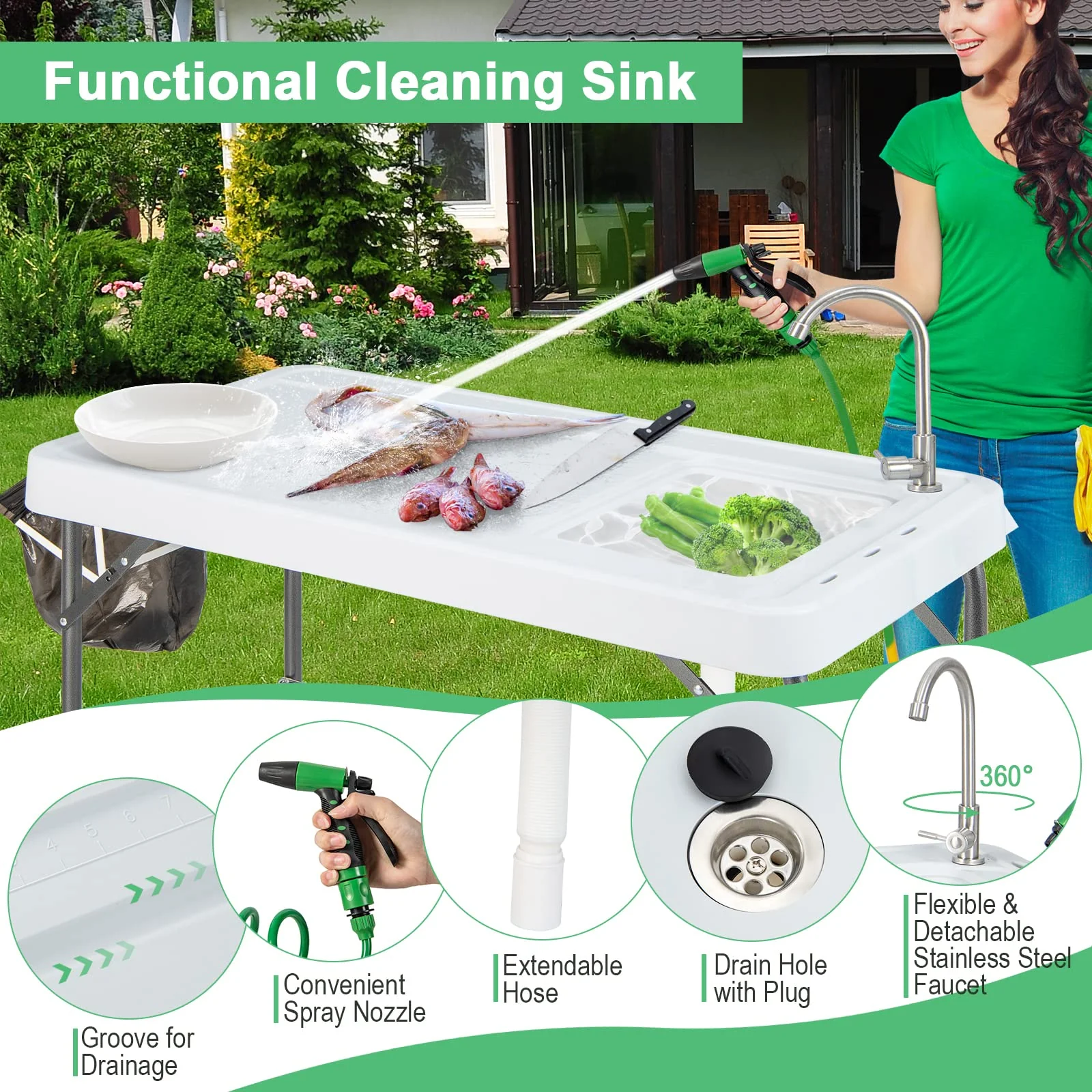 Goplus 42.5'' Folding Fish Cleaning Table with Sink and Spray Nozzle - Image 5