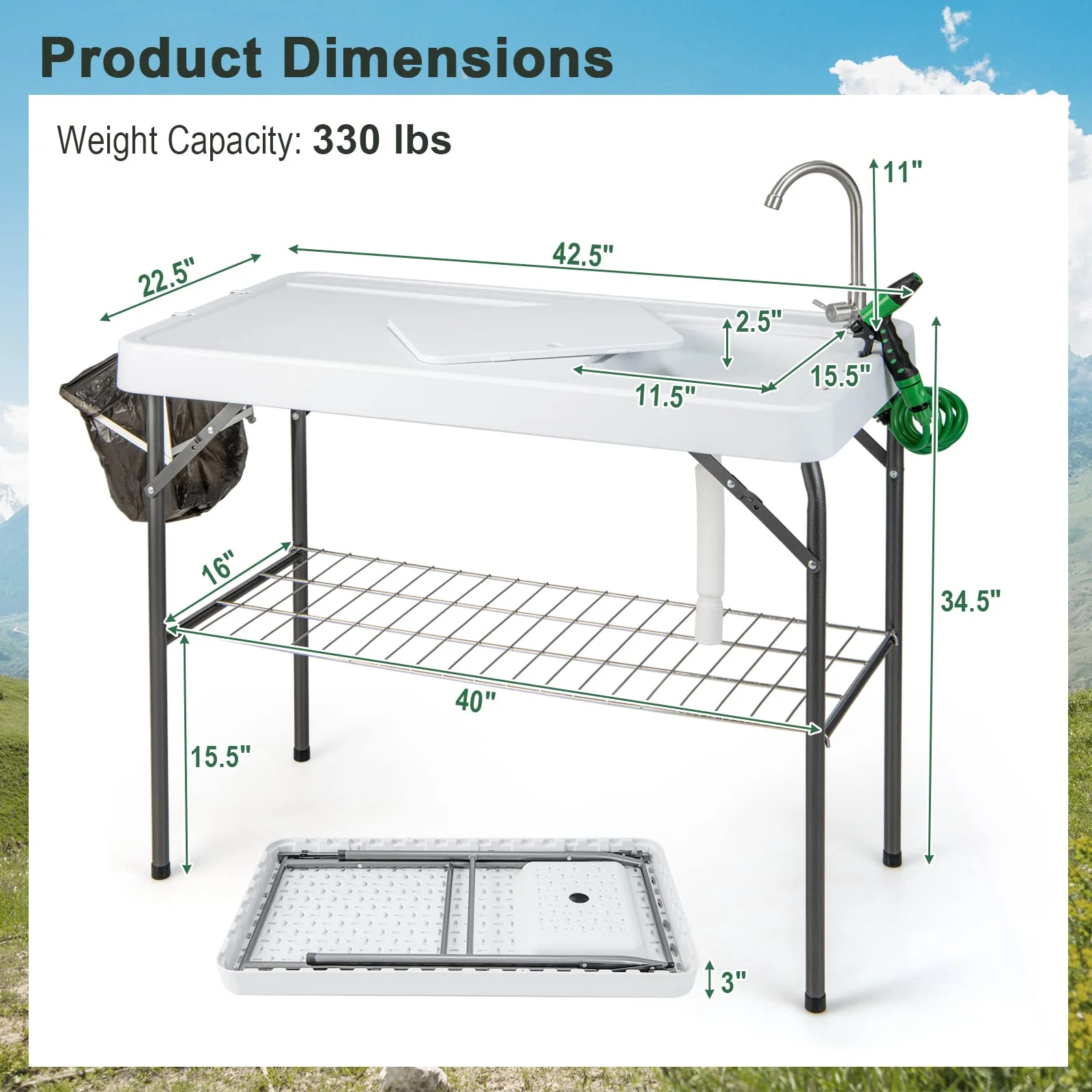 Goplus 42.5'' Folding Fish Cleaning Table with Sink and Spray Nozzle - Image 7