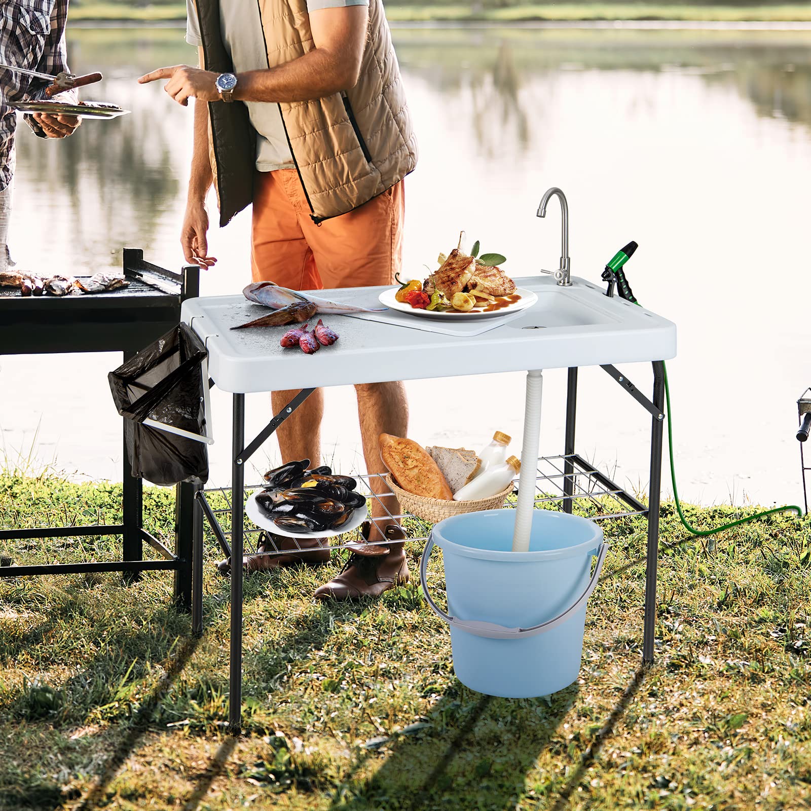 Goplus 42.5'' Folding Fish Cleaning Table with Sink and Spray Nozzle - Image 8