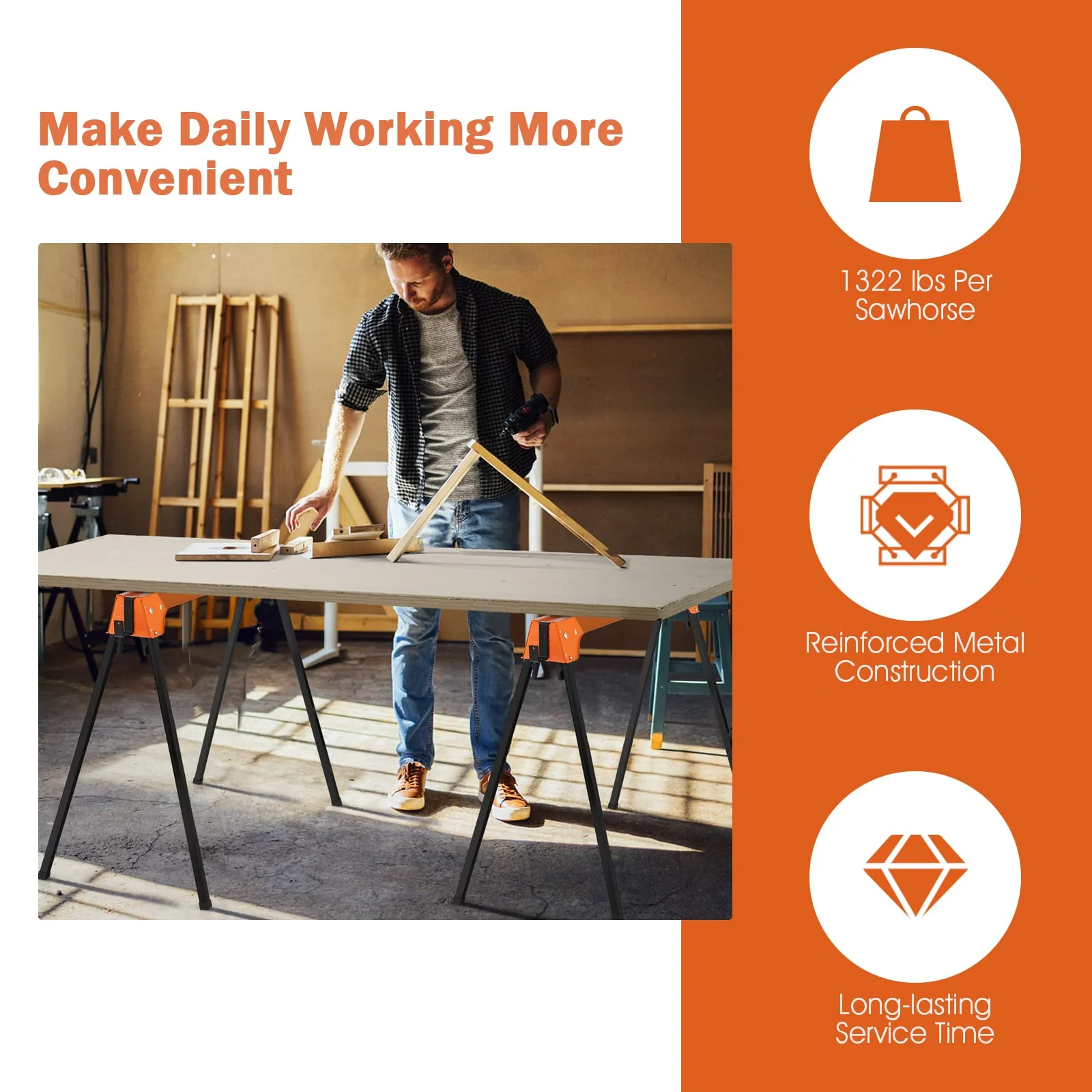 Goplus Folding Sawhorses Twin Pack, Portable Saw Horses with 2x4 Support Arms, 1322 LB Capacity - Image 3