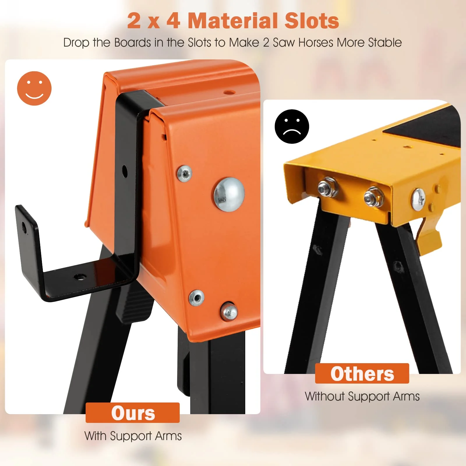 Goplus Folding Sawhorses Twin Pack, Portable Saw Horses with 2x4 Support Arms, 1322 LB Capacity - Image 4