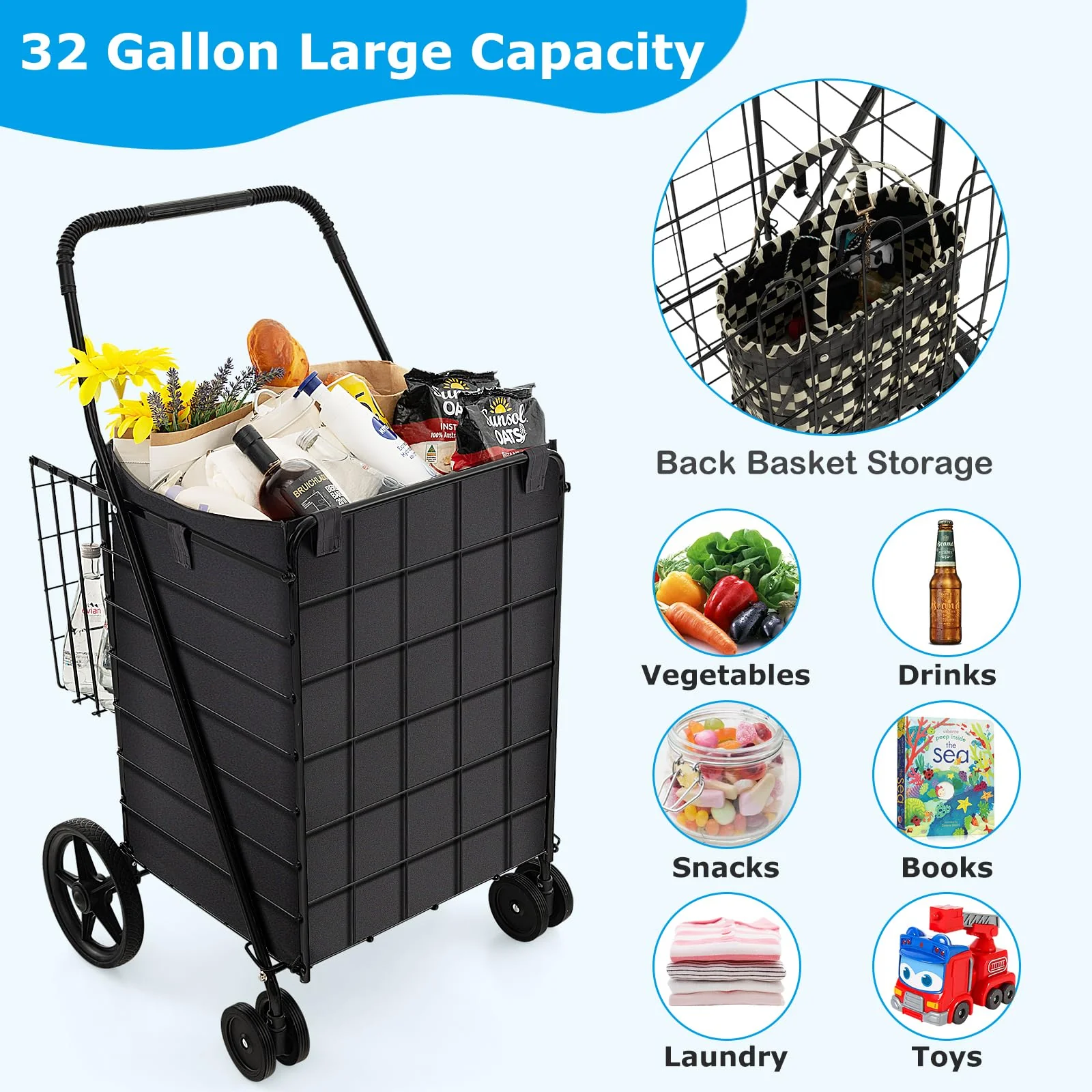 Goplus Folding Shopping Cart for Groceries, 330 LBS Weight Capacity, 360-degree Rolling Swivel Wheels and Double Basket - Image 3