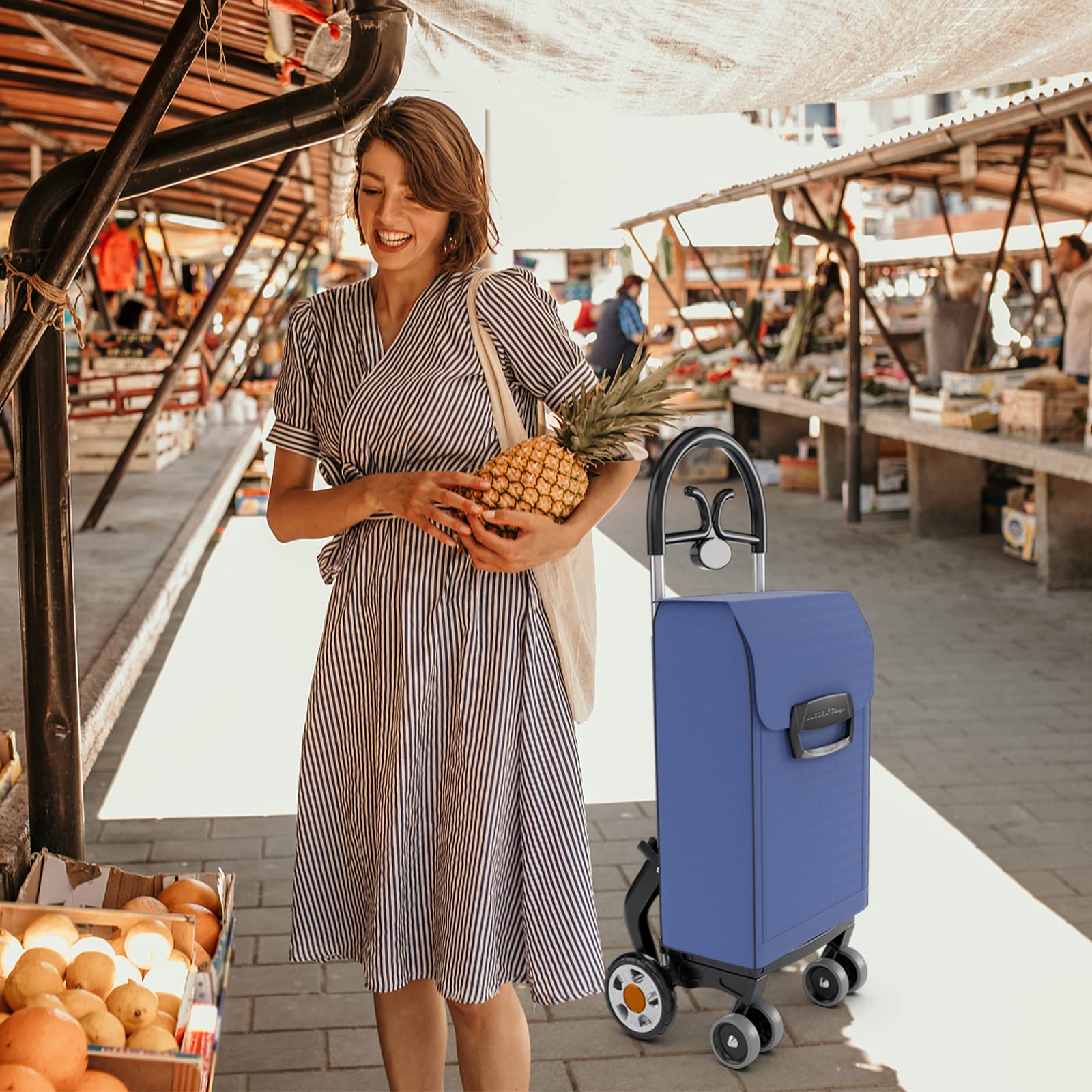 Goplus Folding Shopping Carts for Groceries with 6 Wheels, Heavy Duty Grocery Utility Cart - Image 6