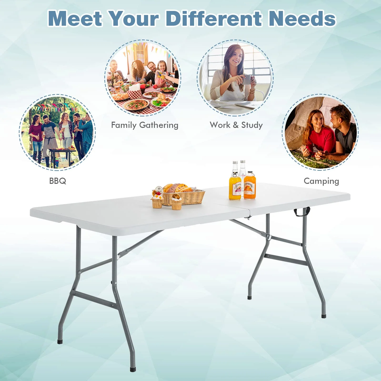 Goplus Folding Tables, 6ft Foldable Plastic Card Table, Portable Heavy Duty Fold Up Table w/Handle - Image 9