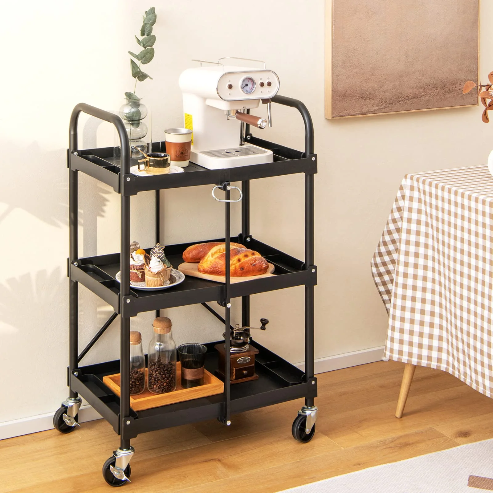Goplus Folding Utility Cart, 3-Tier Rolling Tool Cart with Universal Wheels, 330 LBS Weight Capacity, Black - Image 3