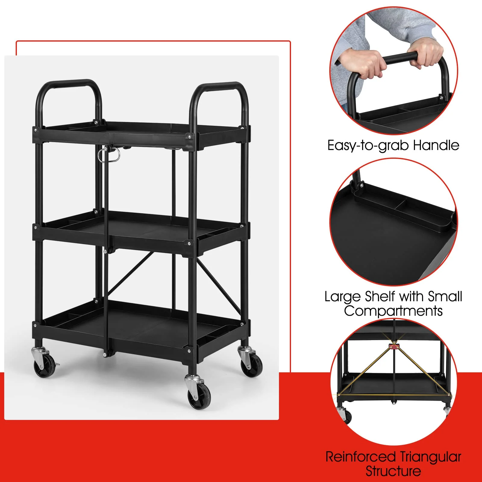 Goplus Folding Utility Cart, 3-Tier Rolling Tool Cart with Universal Wheels, 330 LBS Weight Capacity, Black - Image 4