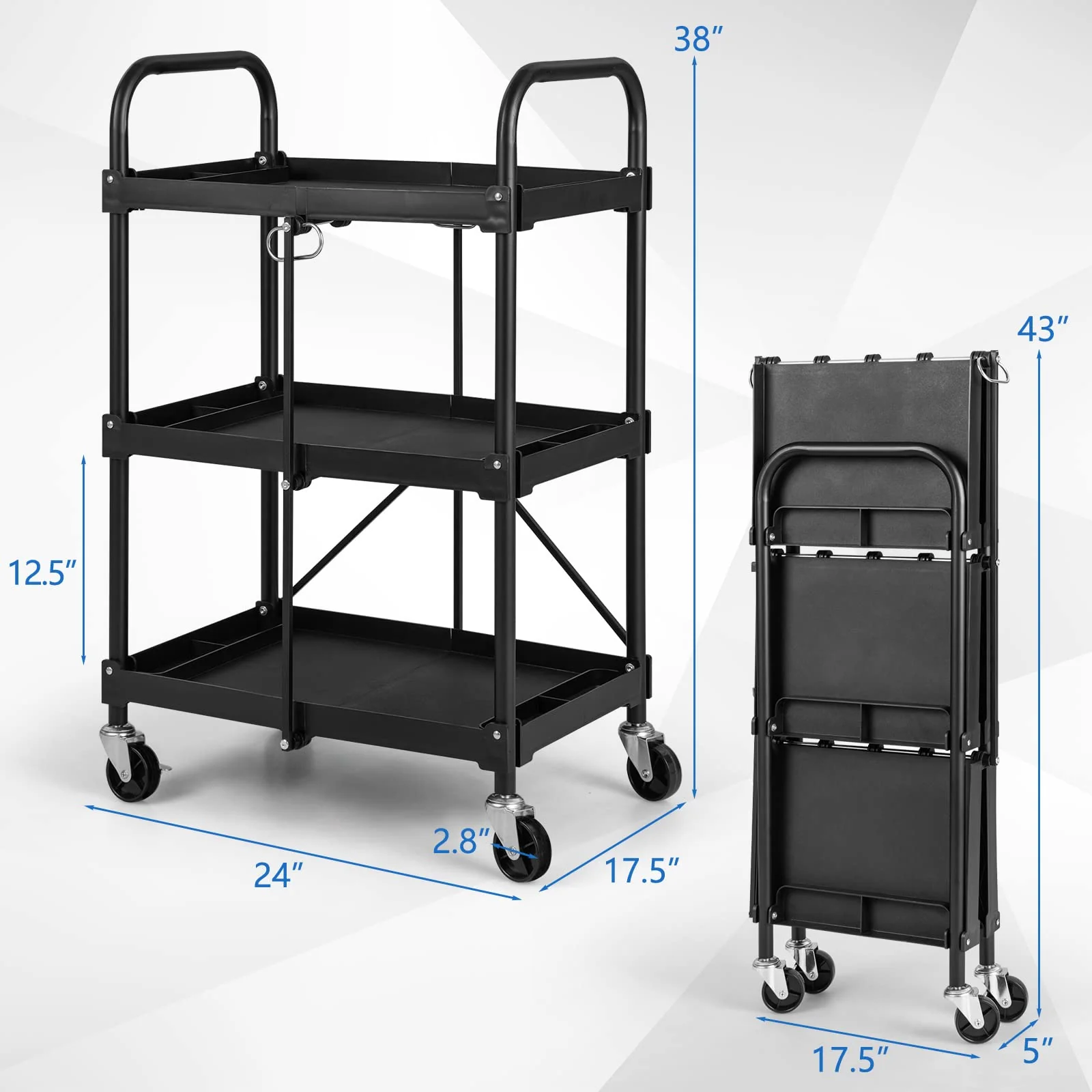 Goplus Folding Utility Cart, 3-Tier Rolling Tool Cart with Universal Wheels, 330 LBS Weight Capacity, Black - Image 6