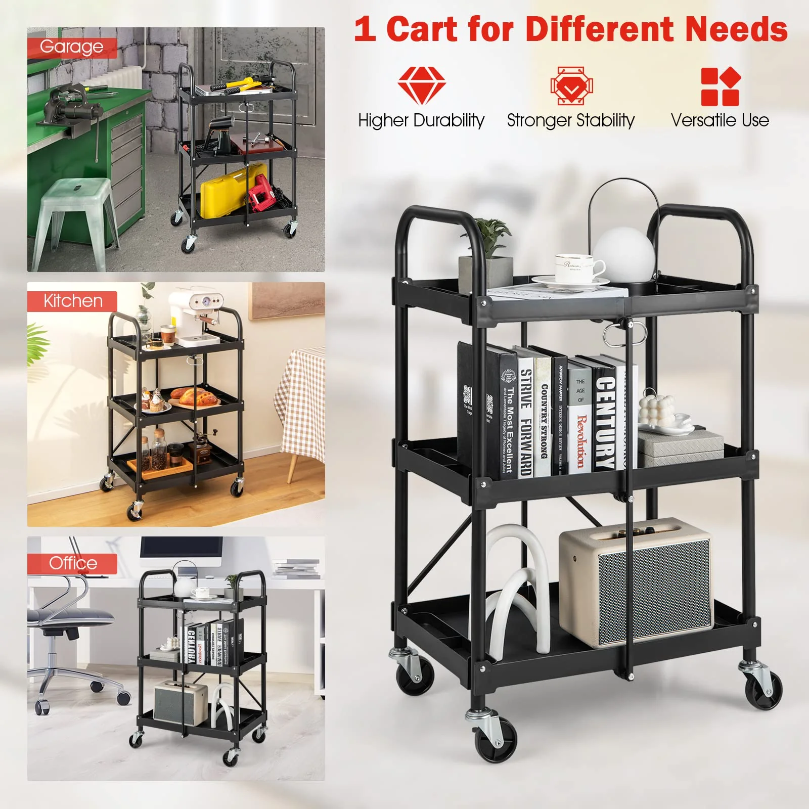Goplus Folding Utility Cart, 3-Tier Rolling Tool Cart with Universal Wheels, 330 LBS Weight Capacity, Black - Image 7