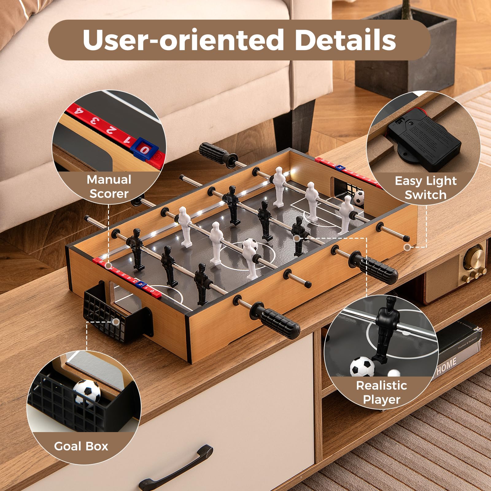 Goplus Foosball Table, 20 Inch Mini Soccer Game Table with LED Lights, 2 Footballs, Non-Slip Handle - Image 4