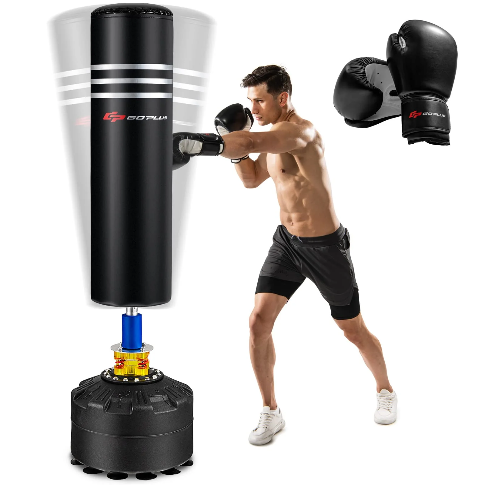 Goplus Freestanding Punching Bag 70", 220lbs Heavy Boxing Bag with Gloves, Shock Absorber, 12 Suction Cup Base