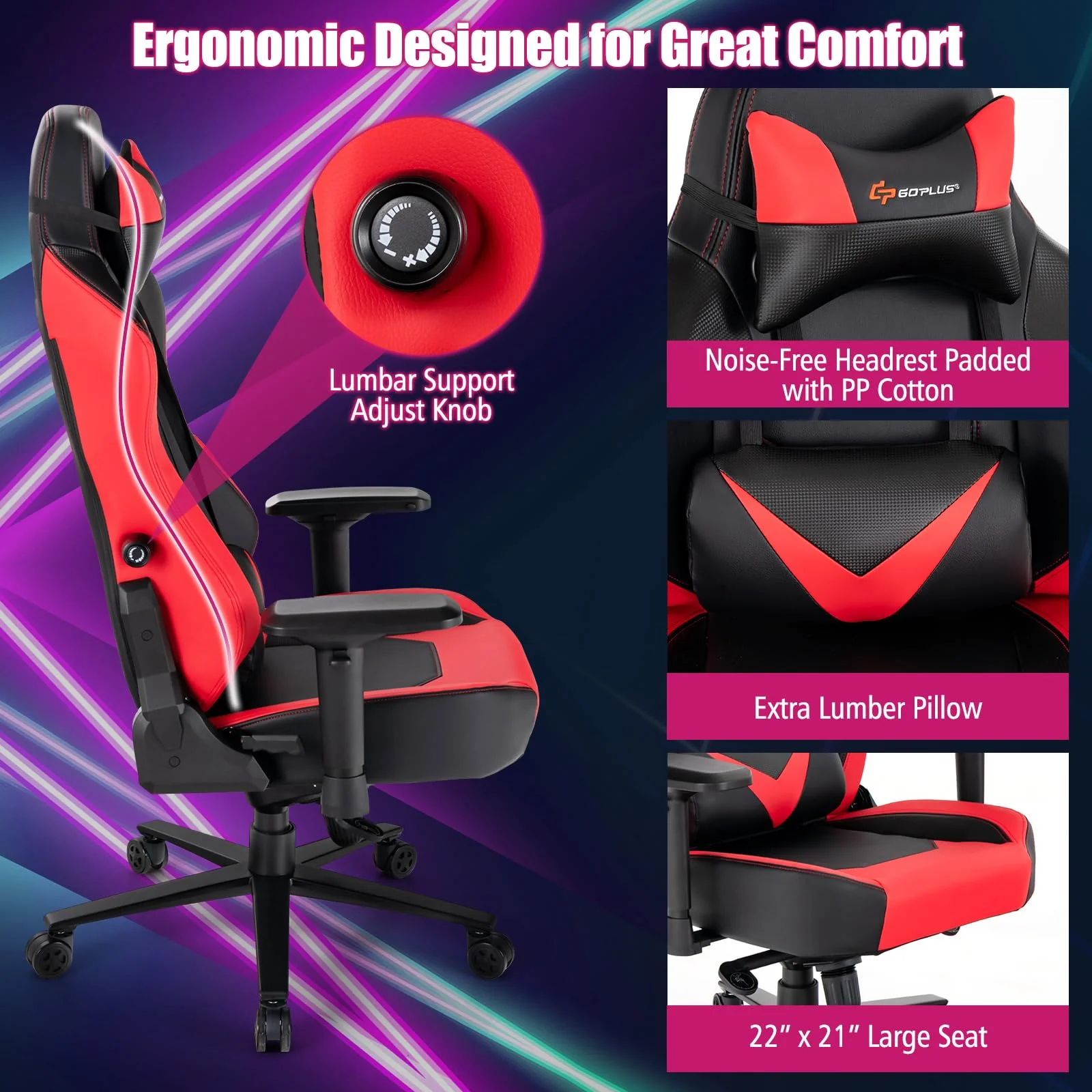 Goplus Gaming Chair, 360¡ã Swivel Computer Chair with Casters, Multi-Angle Reclining, Tension Control, 4D Armrest - Image 5