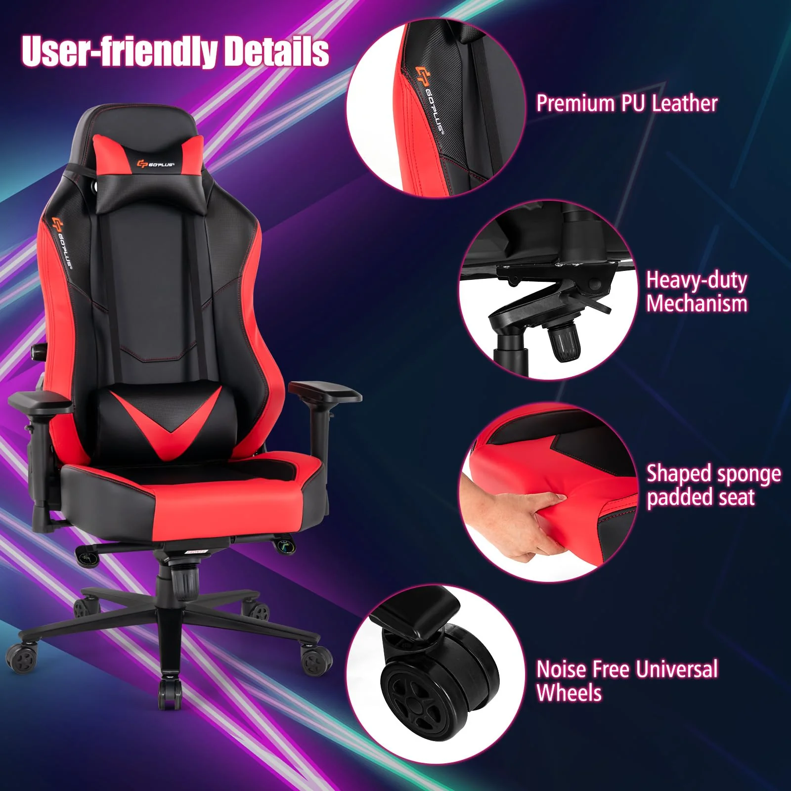 Goplus Gaming Chair, 360¡ã Swivel Computer Chair with Casters, Multi-Angle Reclining, Tension Control, 4D Armrest - Image 8