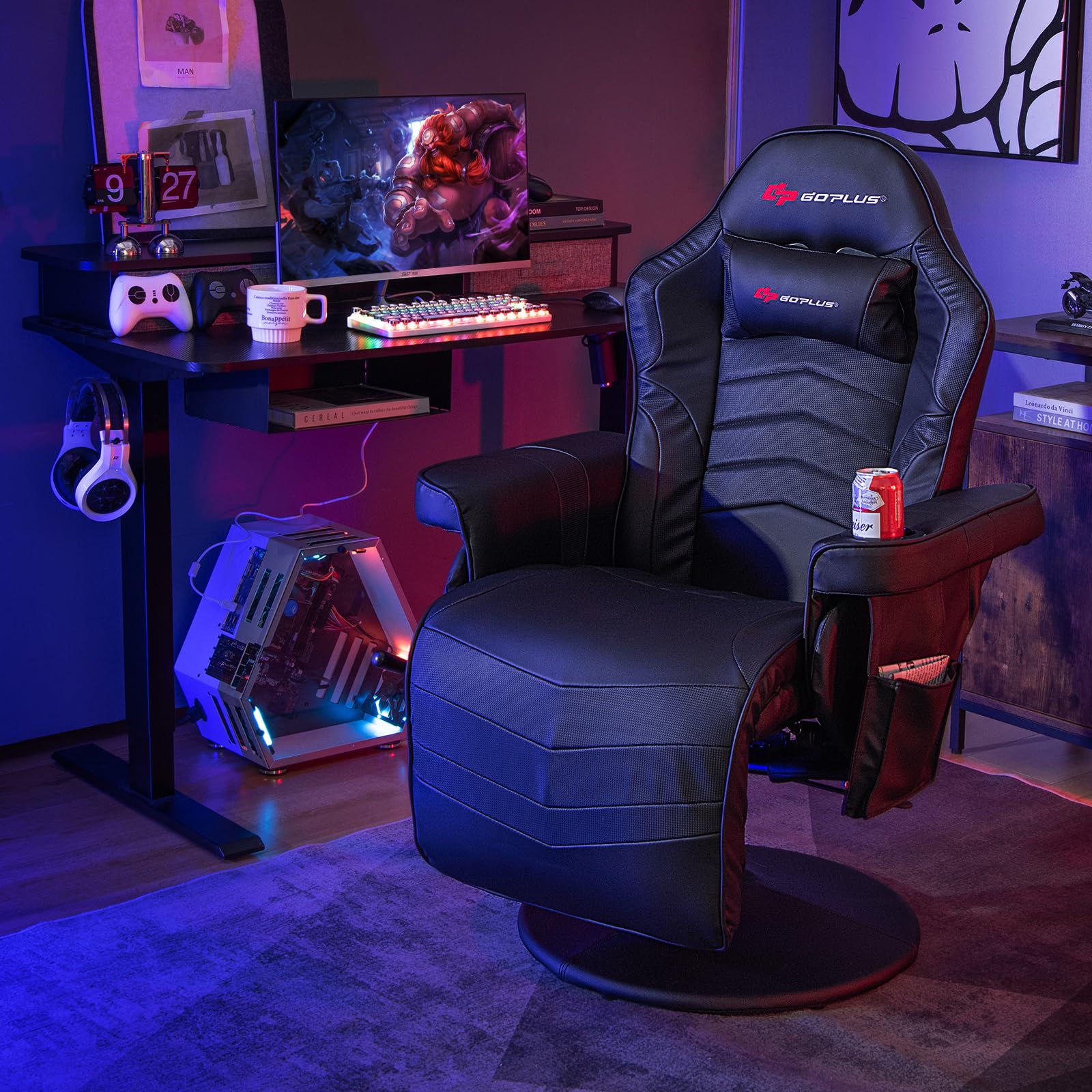 Goplus Gaming Chair, Height Adjustable Massage Video Game Chair with Retractable Footrest - Image 3
