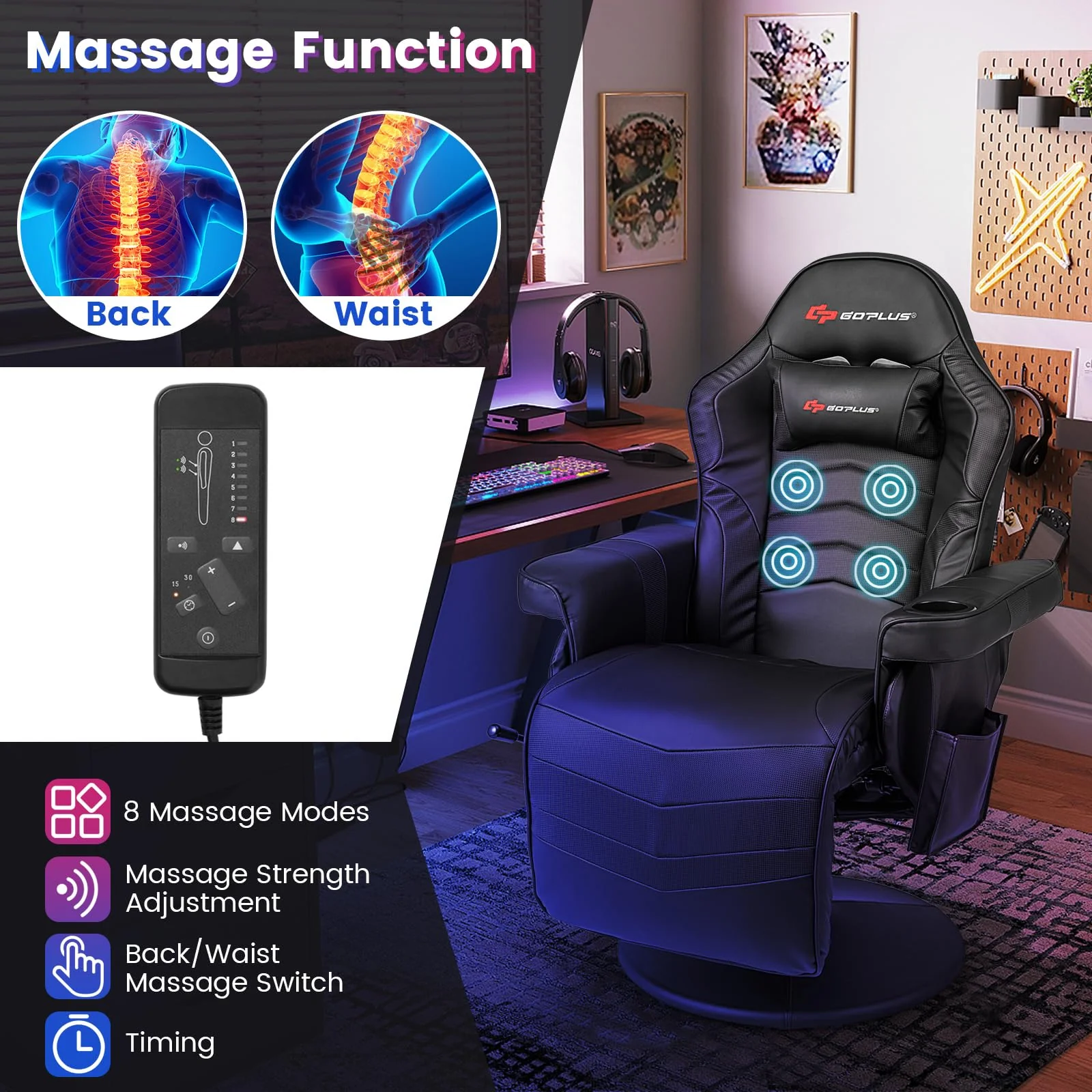 Goplus Gaming Chair, Height Adjustable Massage Video Game Chair with Retractable Footrest - Image 6