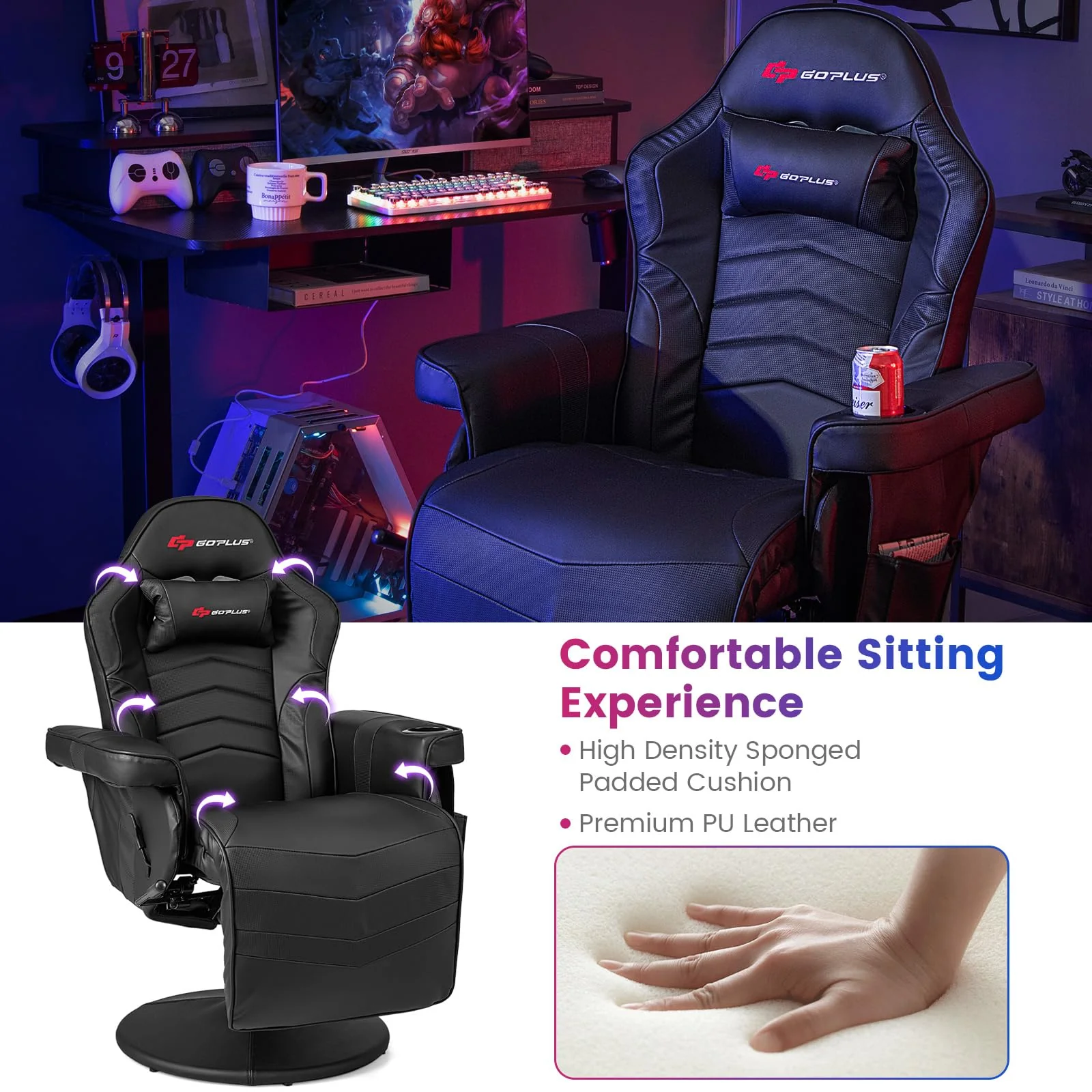Goplus Gaming Chair, Height Adjustable Massage Video Game Chair with Retractable Footrest - Image 7