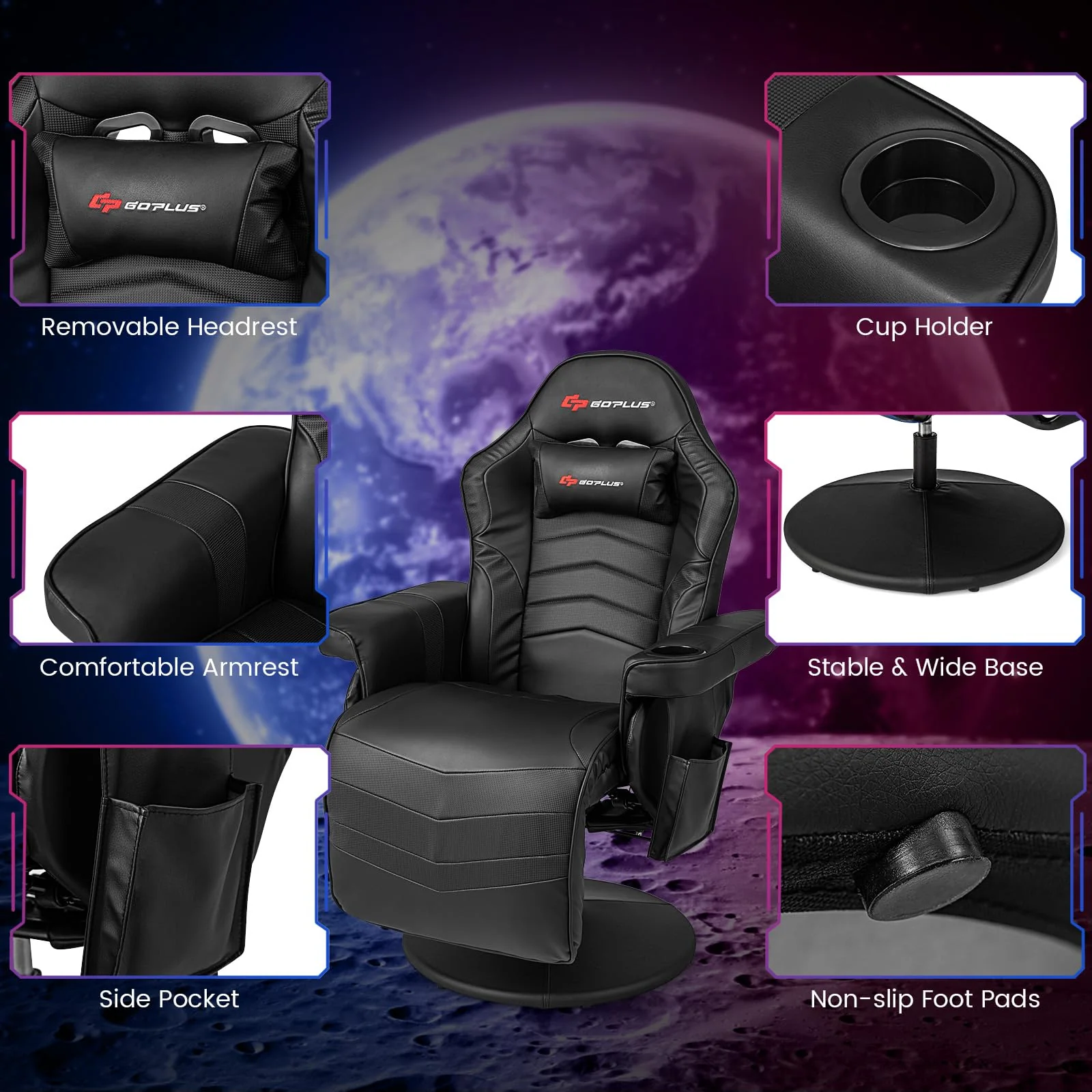 Goplus Gaming Chair, Height Adjustable Massage Video Game Chair with Retractable Footrest - Image 9