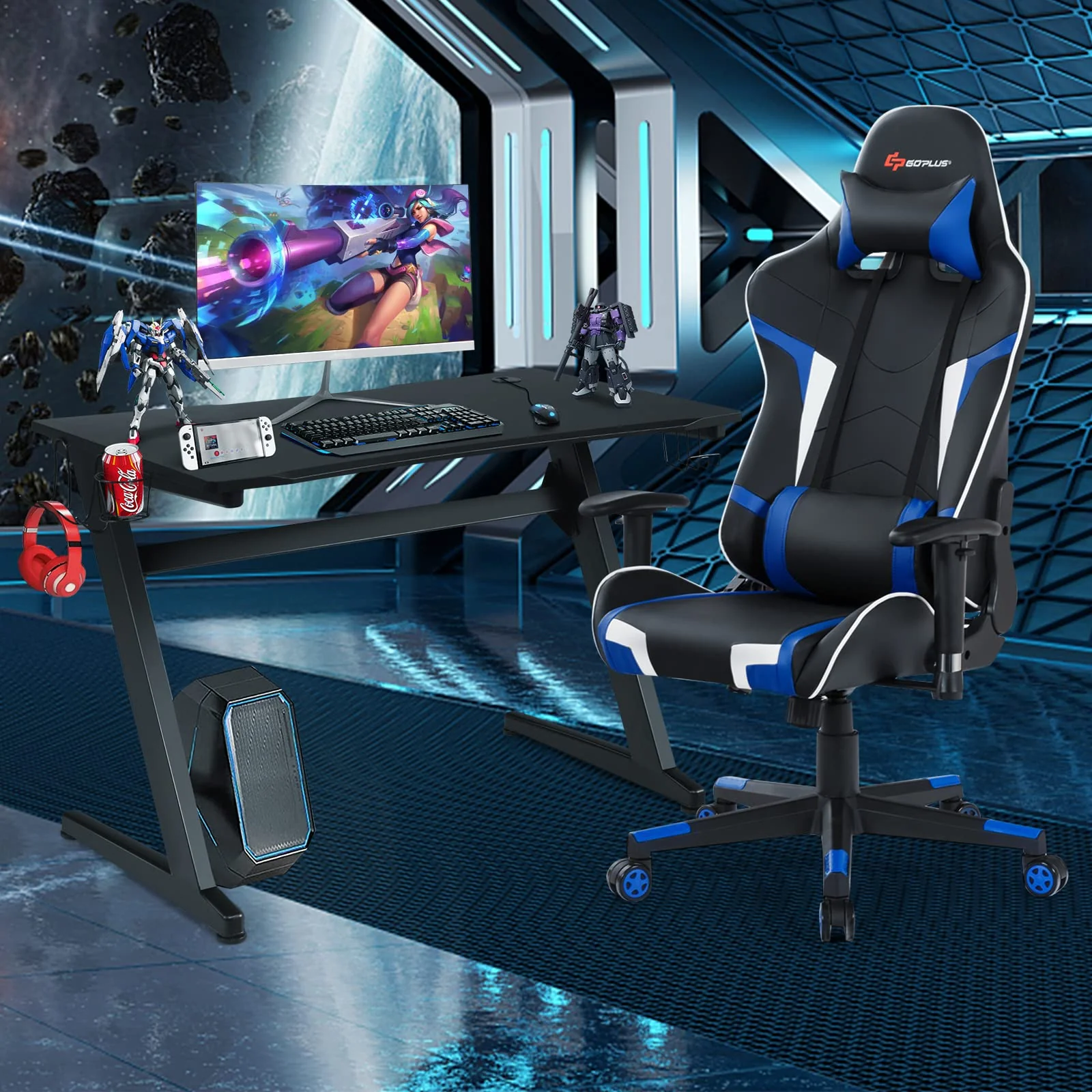Goplus Gaming Desk & Chair Combo Set, Racing Style Home Office Chair & Desk w/Cup Holder, Headphone Hook & Mouse Pad - Image 2