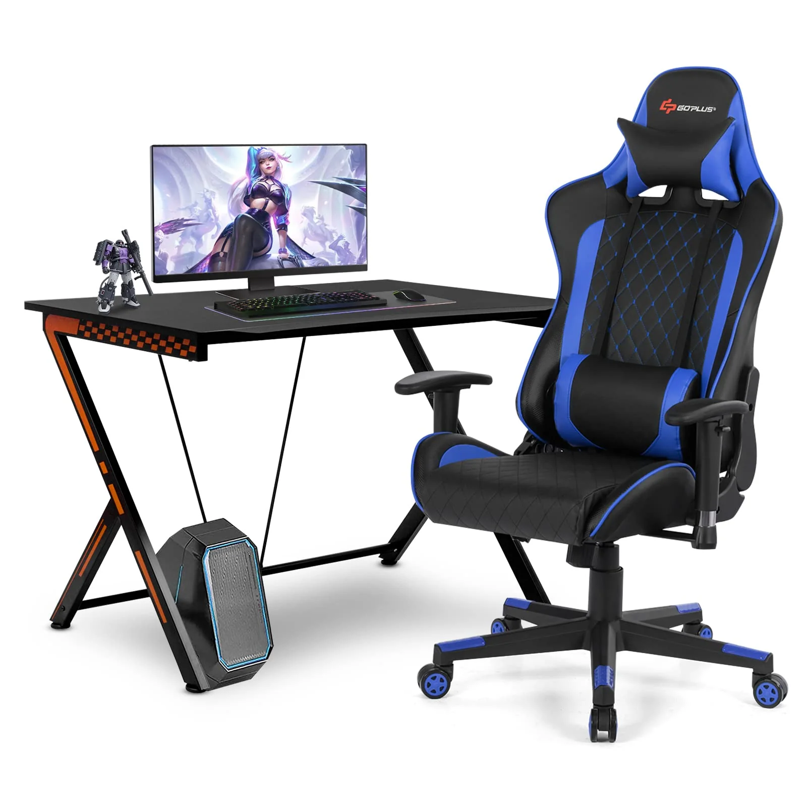 Goplus Gaming Desk & Chair Combo Set, Racing Style Home Office Gamer Workstation w/Massage Lumbar Support & Headrest
