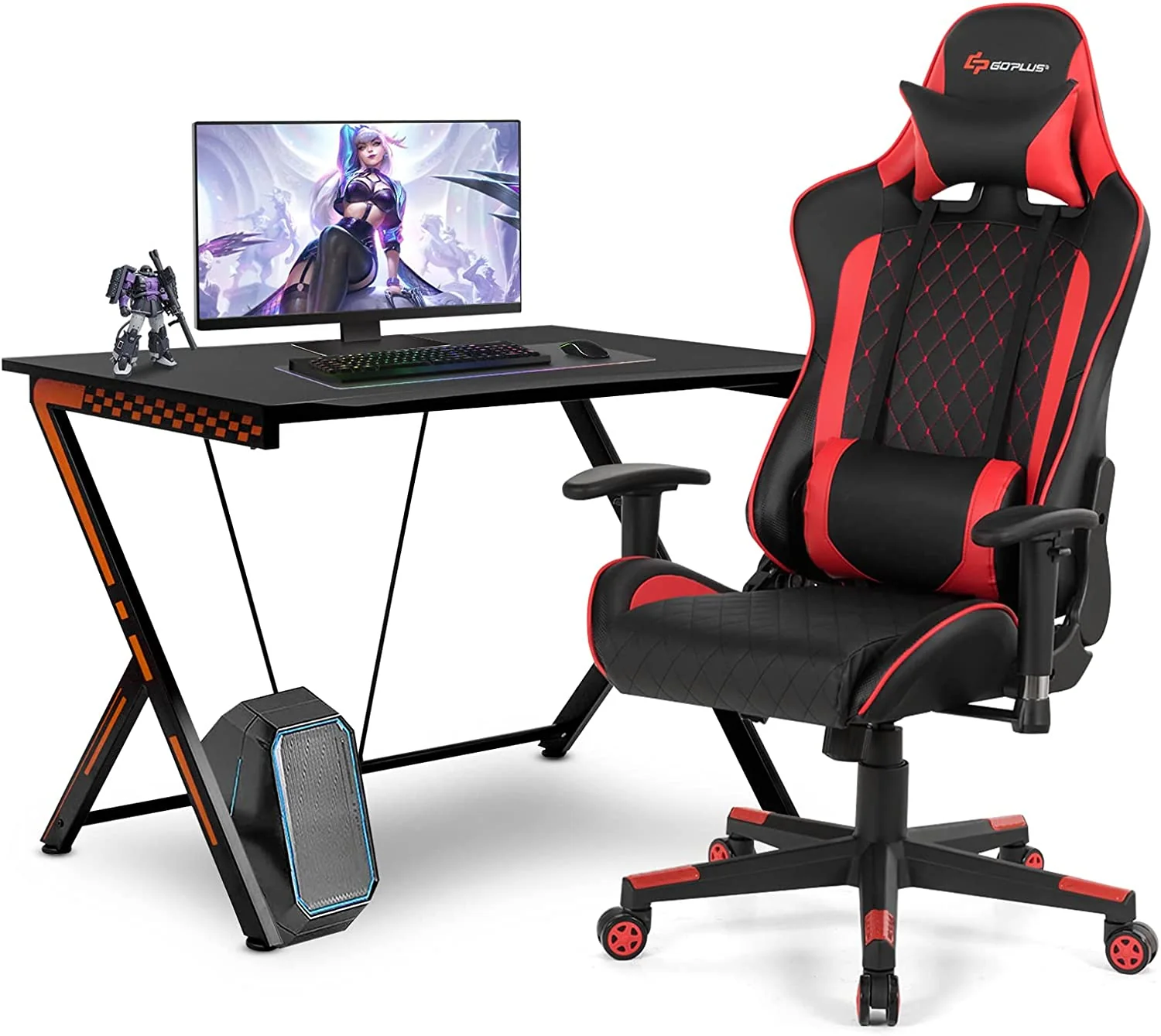 Goplus Gaming Desk & Chair Combo Set, Racing Style Home Office Gamer Workstation w/Massage Lumbar Support & Headrest - Image 10