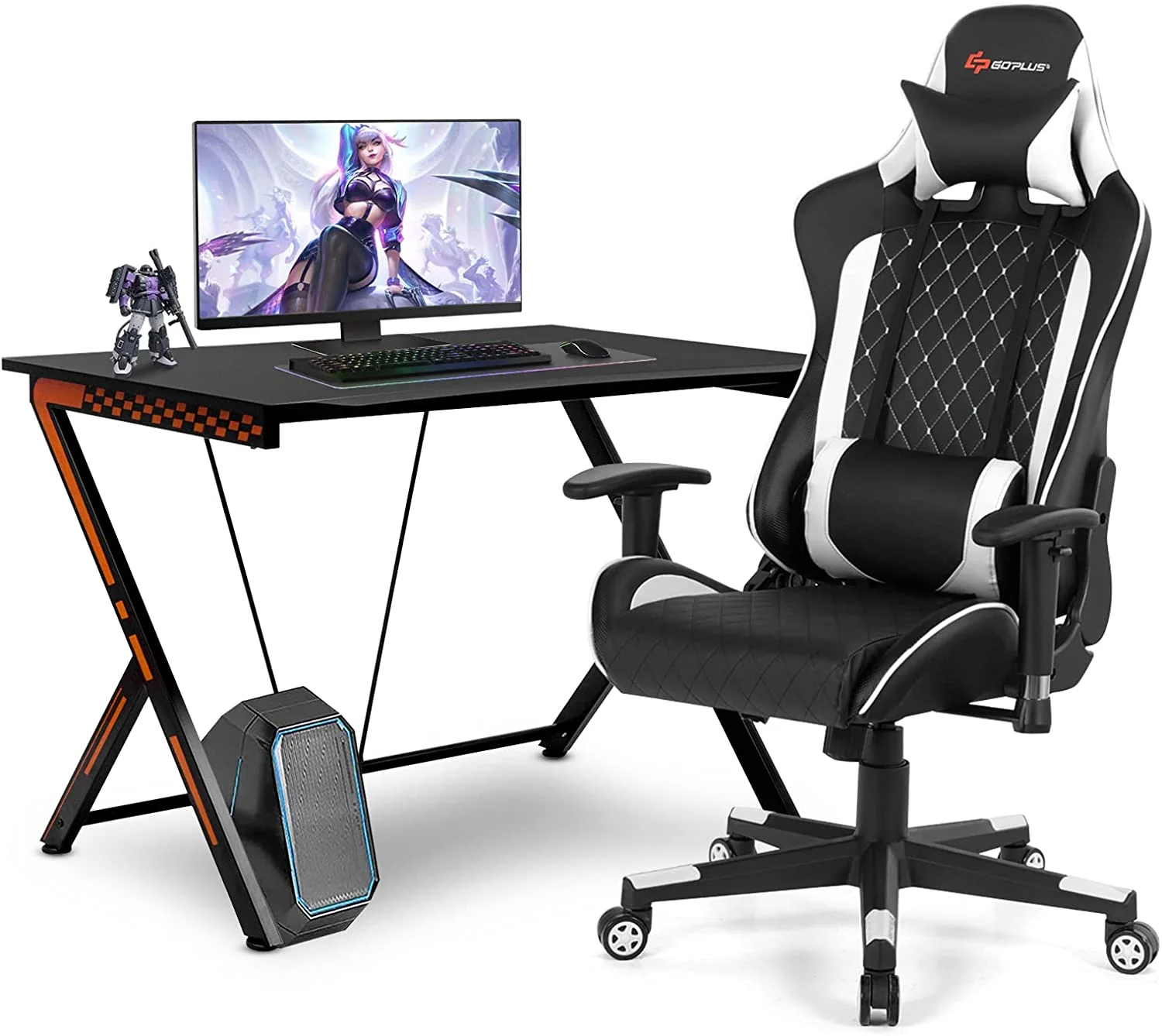 Goplus Gaming Desk & Chair Combo Set, Racing Style Home Office Gamer Workstation w/Massage Lumbar Support & Headrest - Image 12