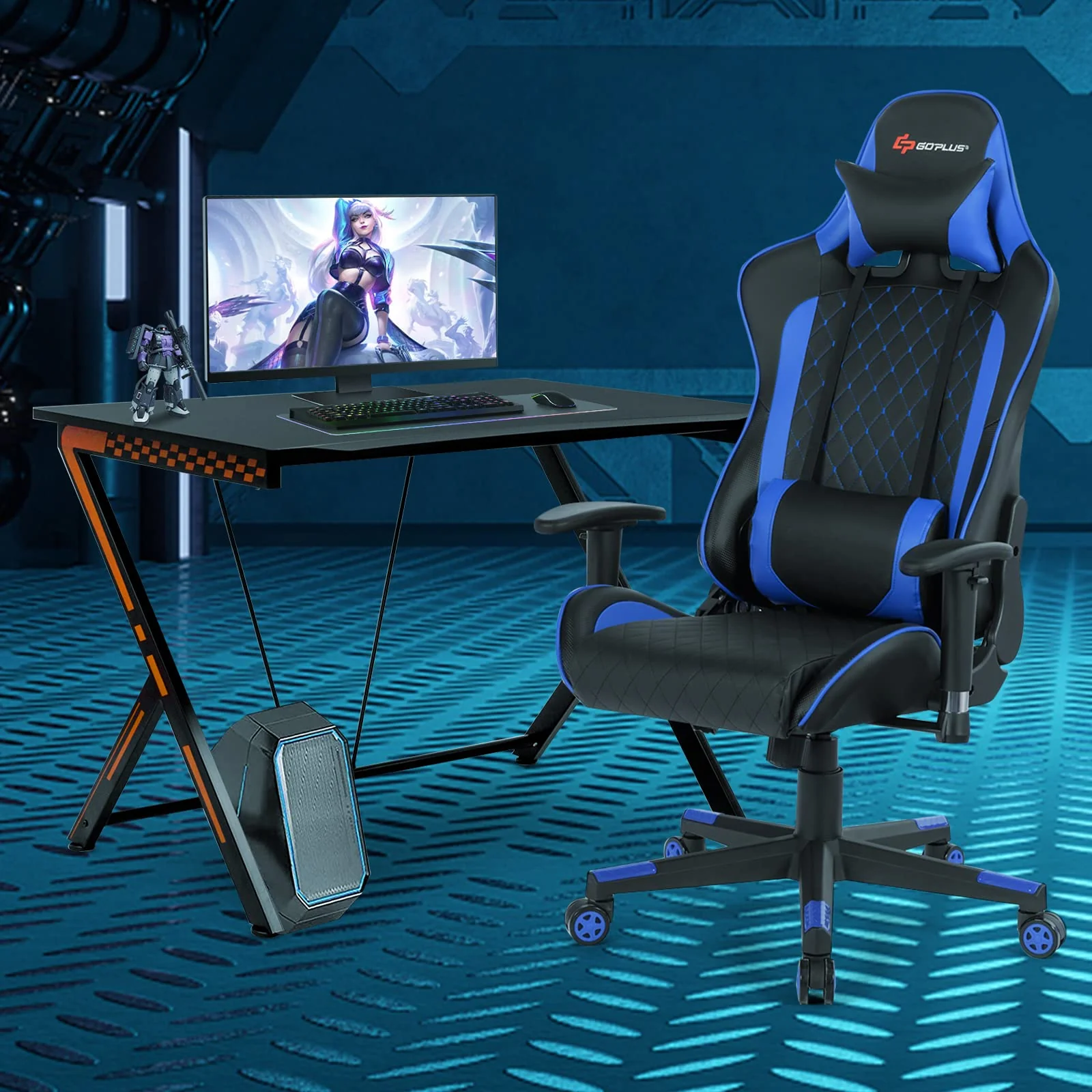 Goplus Gaming Desk & Chair Combo Set, Racing Style Home Office Gamer Workstation w/Massage Lumbar Support & Headrest - Image 2