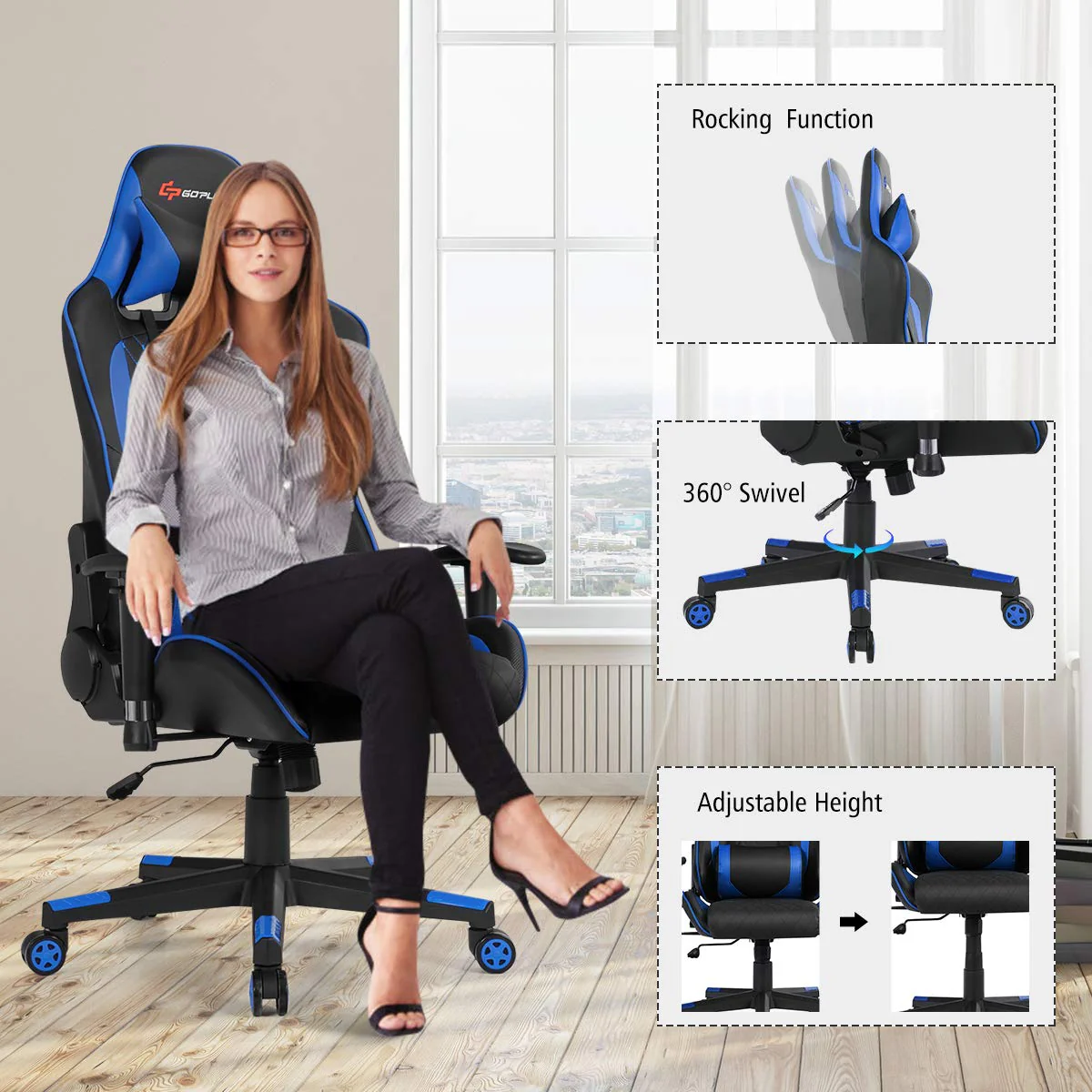 Goplus Gaming Desk & Chair Combo Set, Racing Style Home Office Gamer Workstation w/Massage Lumbar Support & Headrest - Image 4