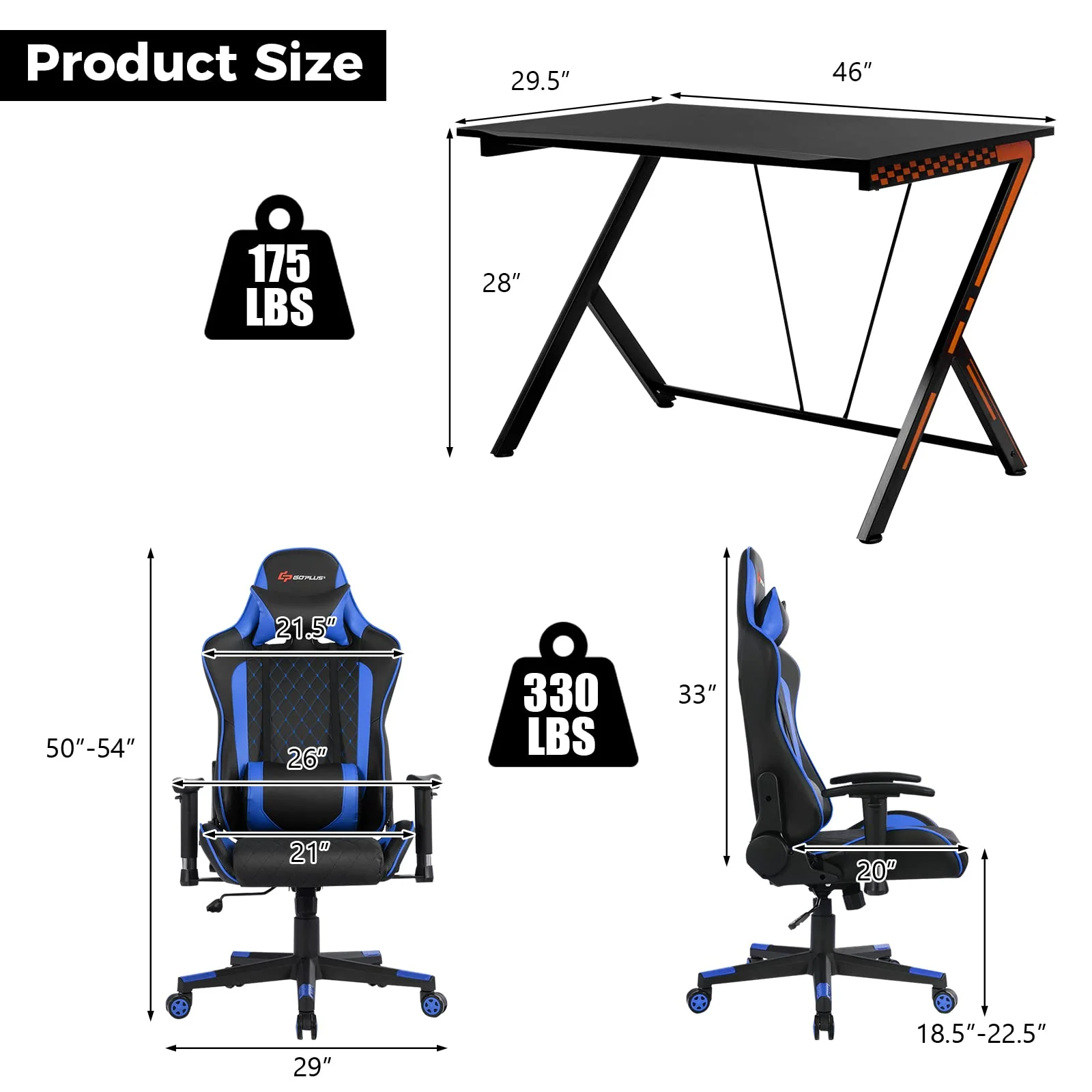 Goplus Gaming Desk & Chair Combo Set, Racing Style Home Office Gamer Workstation w/Massage Lumbar Support & Headrest - Image 8