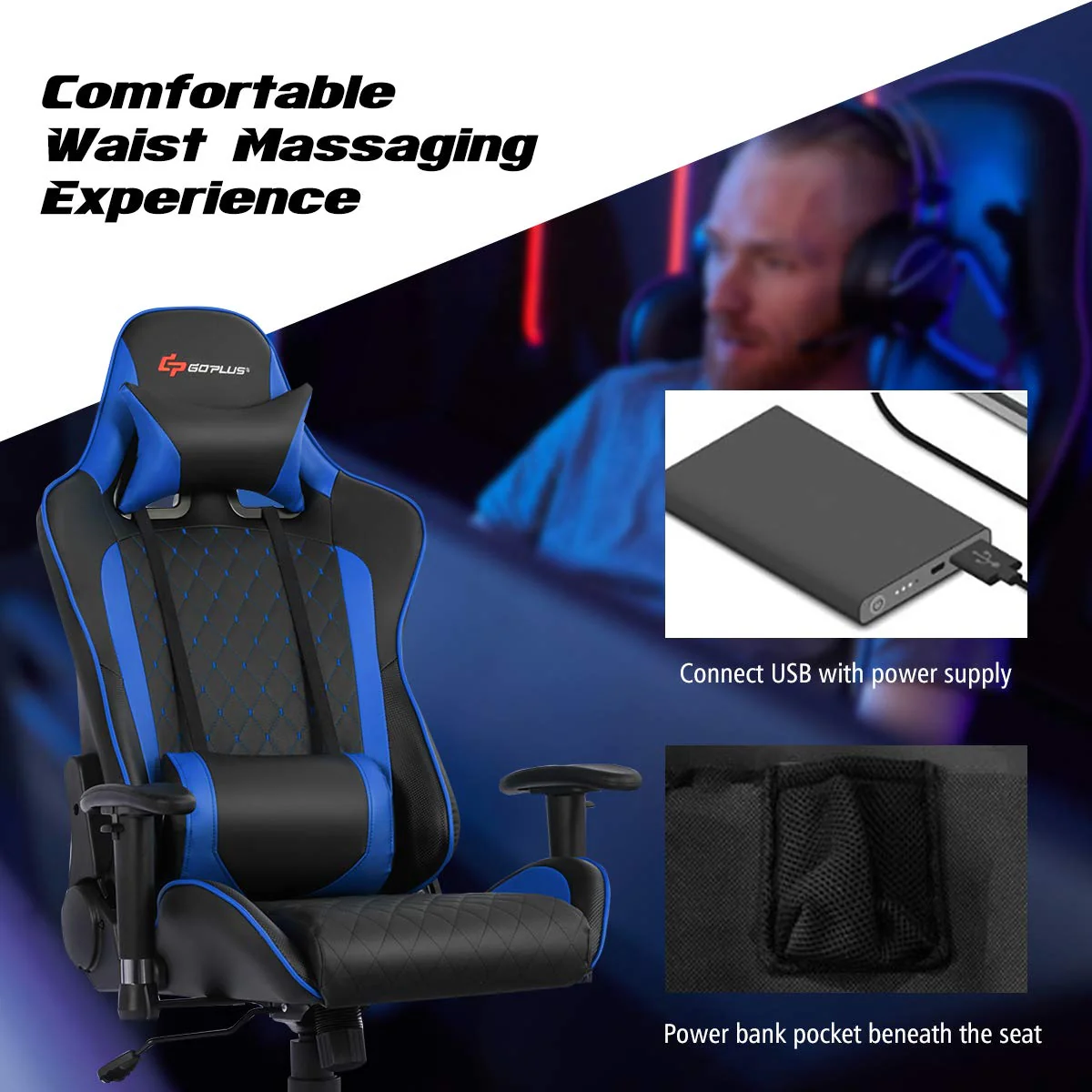 Goplus Gaming Desk & Chair Combo Set, Racing Style Home Office Gamer Workstation w/Massage Lumbar Support & Headrest - Image 9