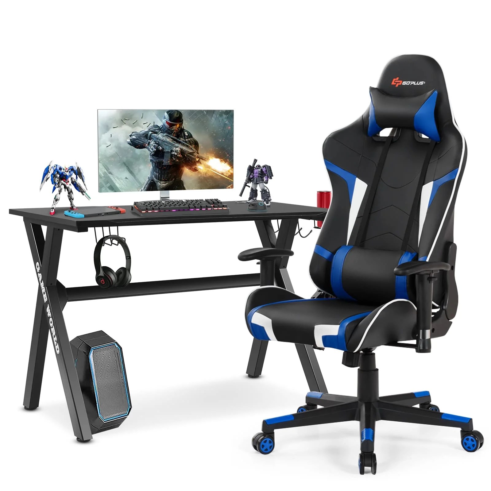Goplus Gaming Desk & Chair Combo Set, Racing Style X Shaped E-Sport Gamer Desk & PVC Computer Chair