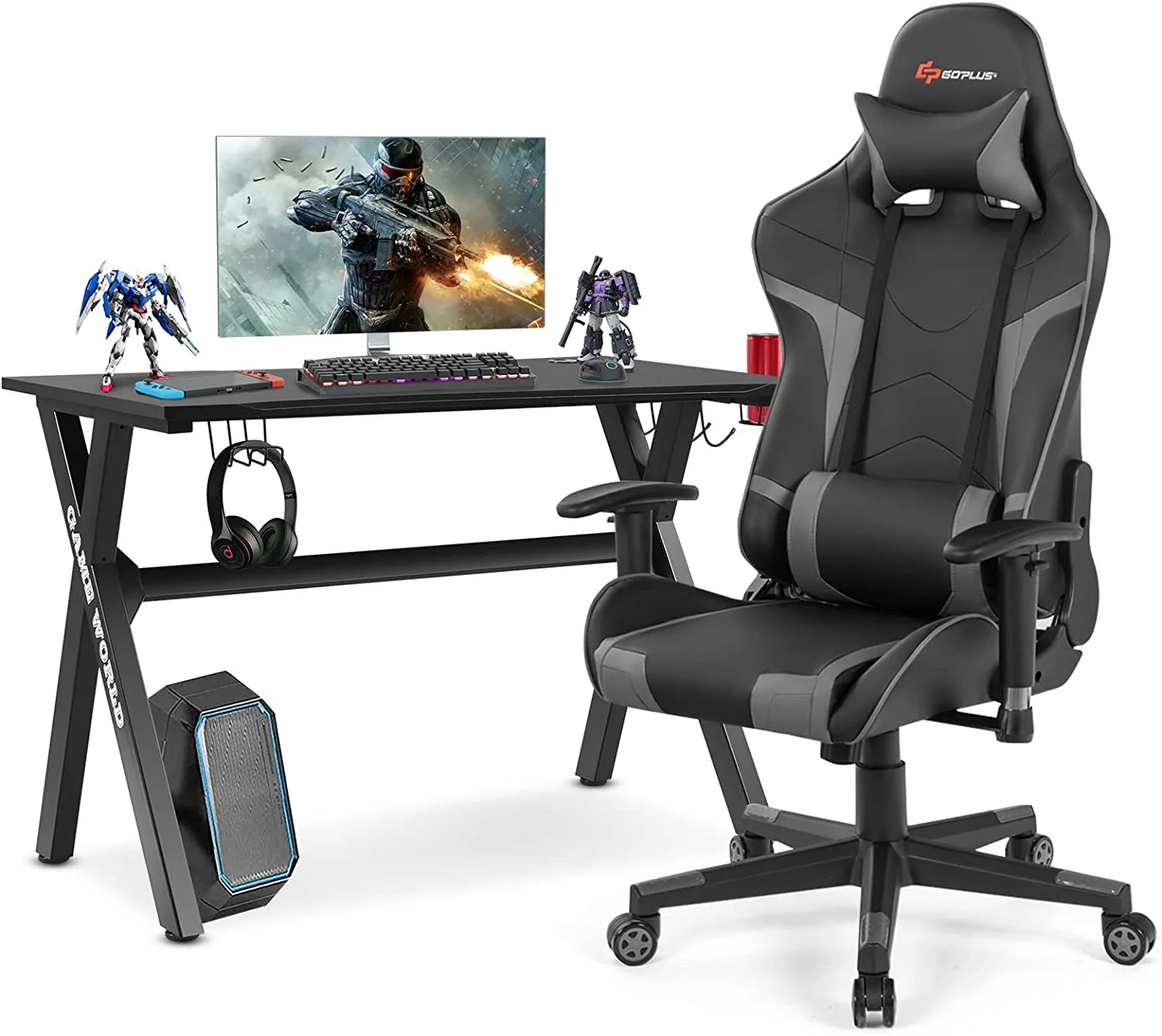 Goplus Gaming Desk & Chair Combo Set, Racing Style X Shaped E-Sport Gamer Desk & PVC Computer Chair - Image 10