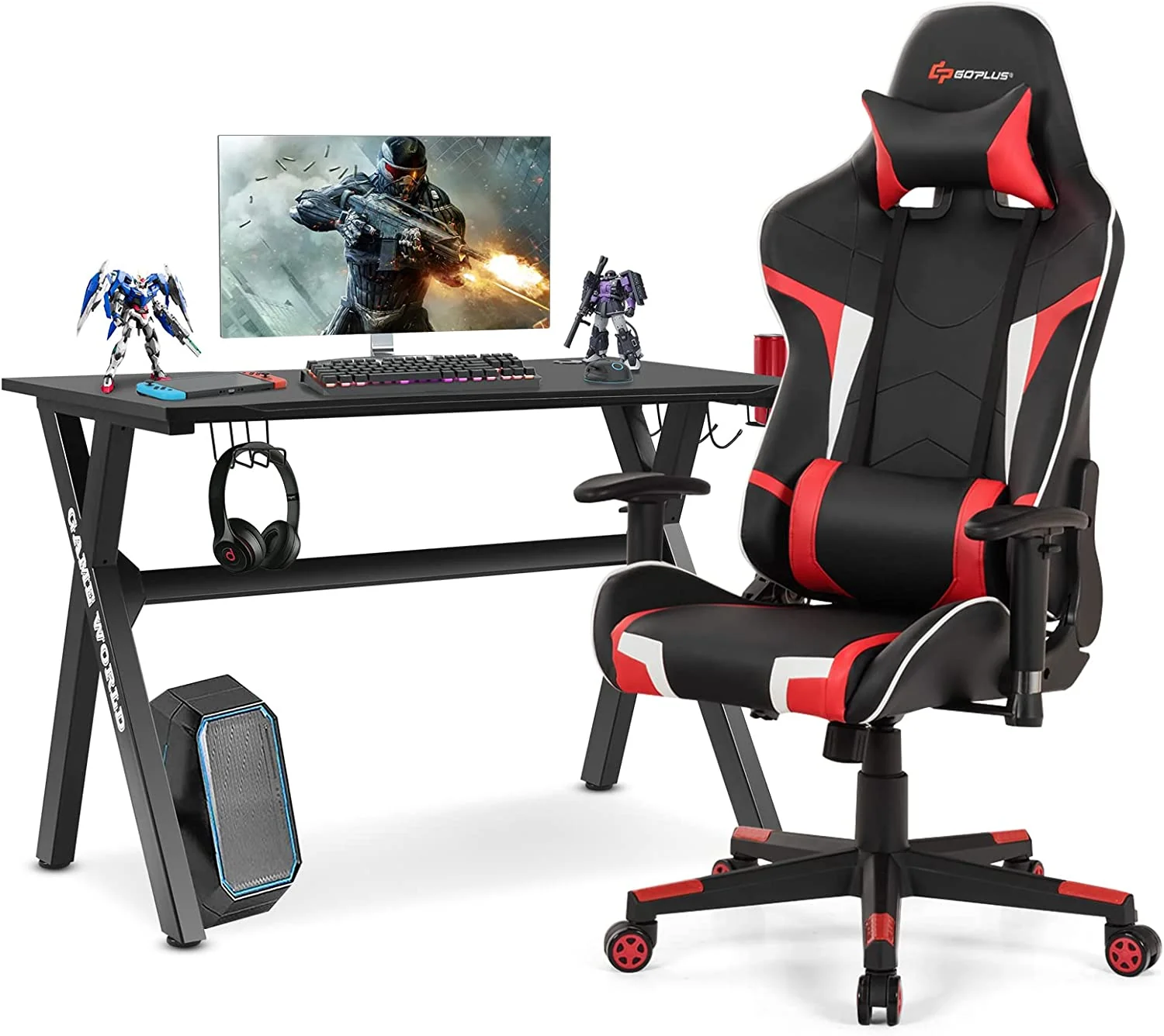 Goplus Gaming Desk & Chair Combo Set, Racing Style X Shaped E-Sport Gamer Desk & PVC Computer Chair - Image 11