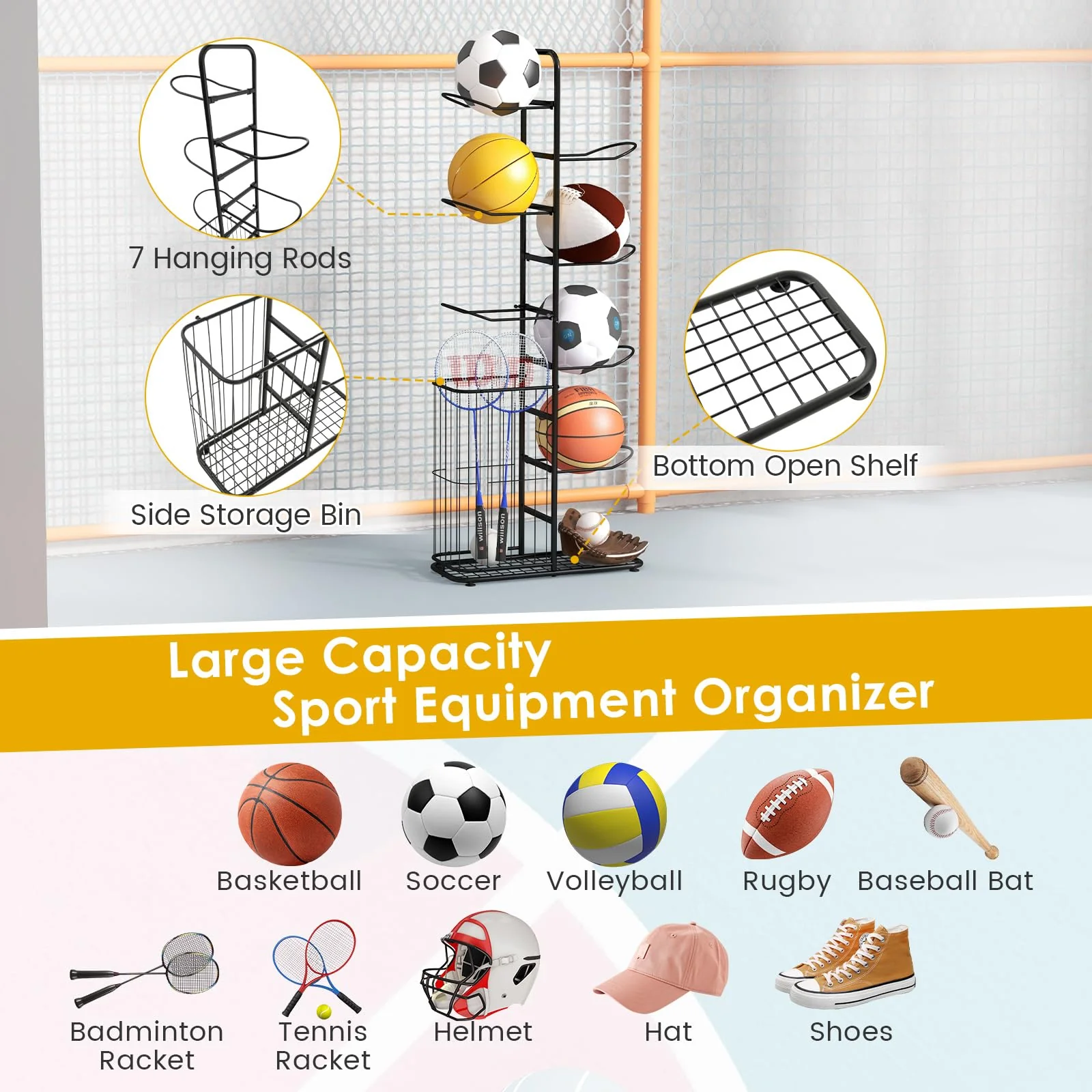 Goplus Garage Sports Equipment Organizer, 7 Ball Storage Rack with Basket, 7-Tier Detachable Stand - Image 2