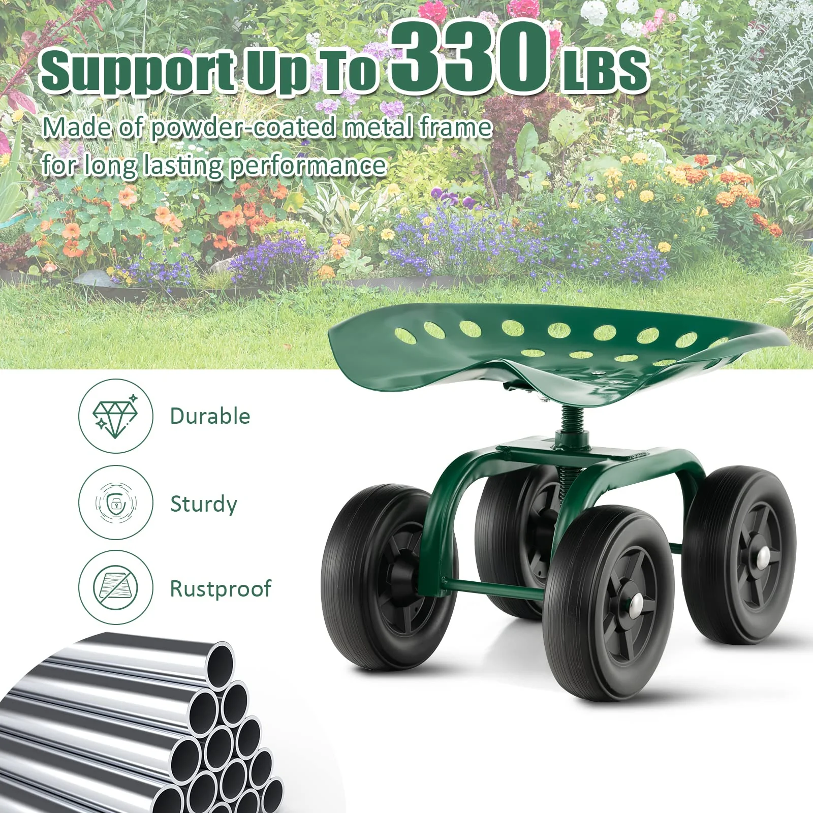 Goplus Garden Cart with Wheels, Utility Stool Cart w/Adjustable 360 Degree Swivel Seat - Image 3
