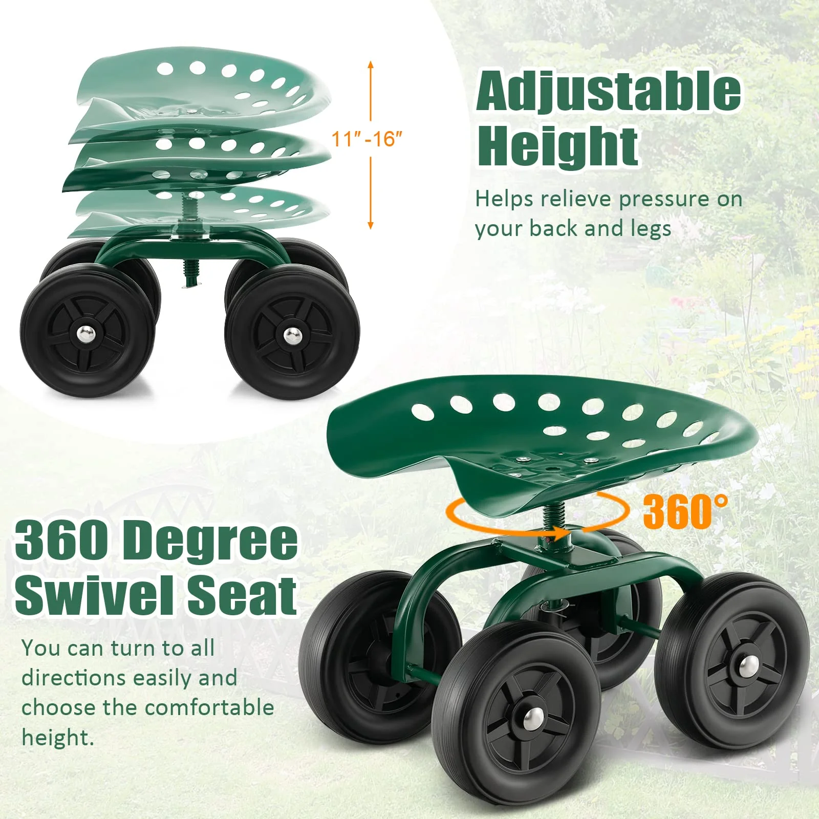 Goplus Garden Cart with Wheels, Utility Stool Cart w/Adjustable 360 Degree Swivel Seat - Image 4