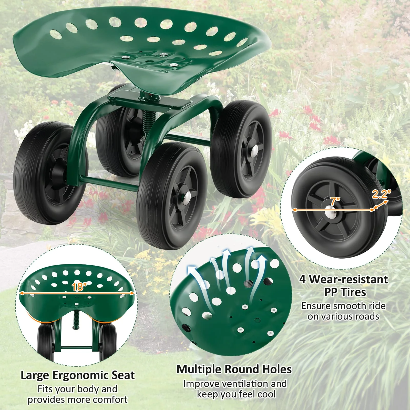Goplus Garden Cart with Wheels, Utility Stool Cart w/Adjustable 360 Degree Swivel Seat - Image 5
