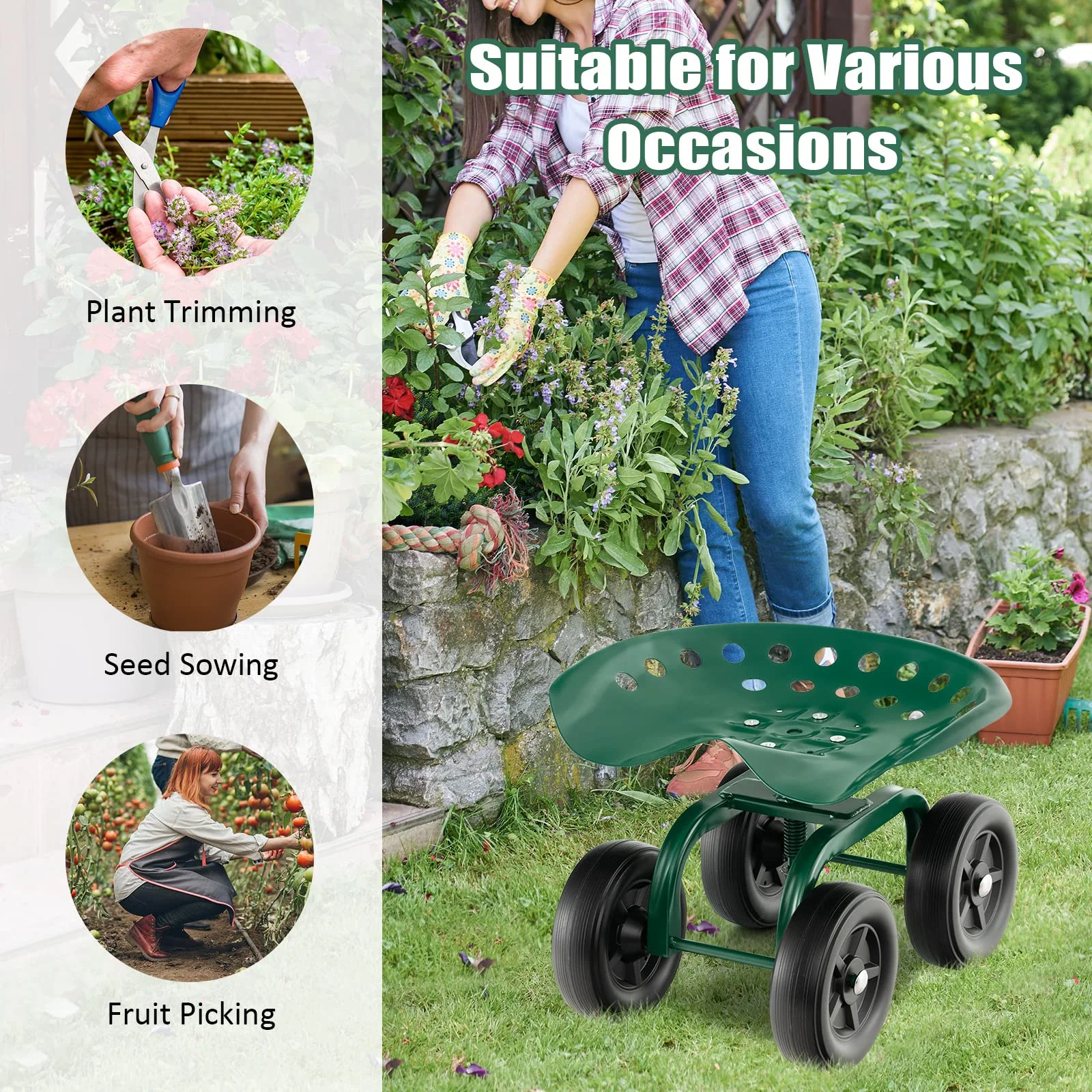 Goplus Garden Cart with Wheels, Utility Stool Cart w/Adjustable 360 Degree Swivel Seat - Image 6