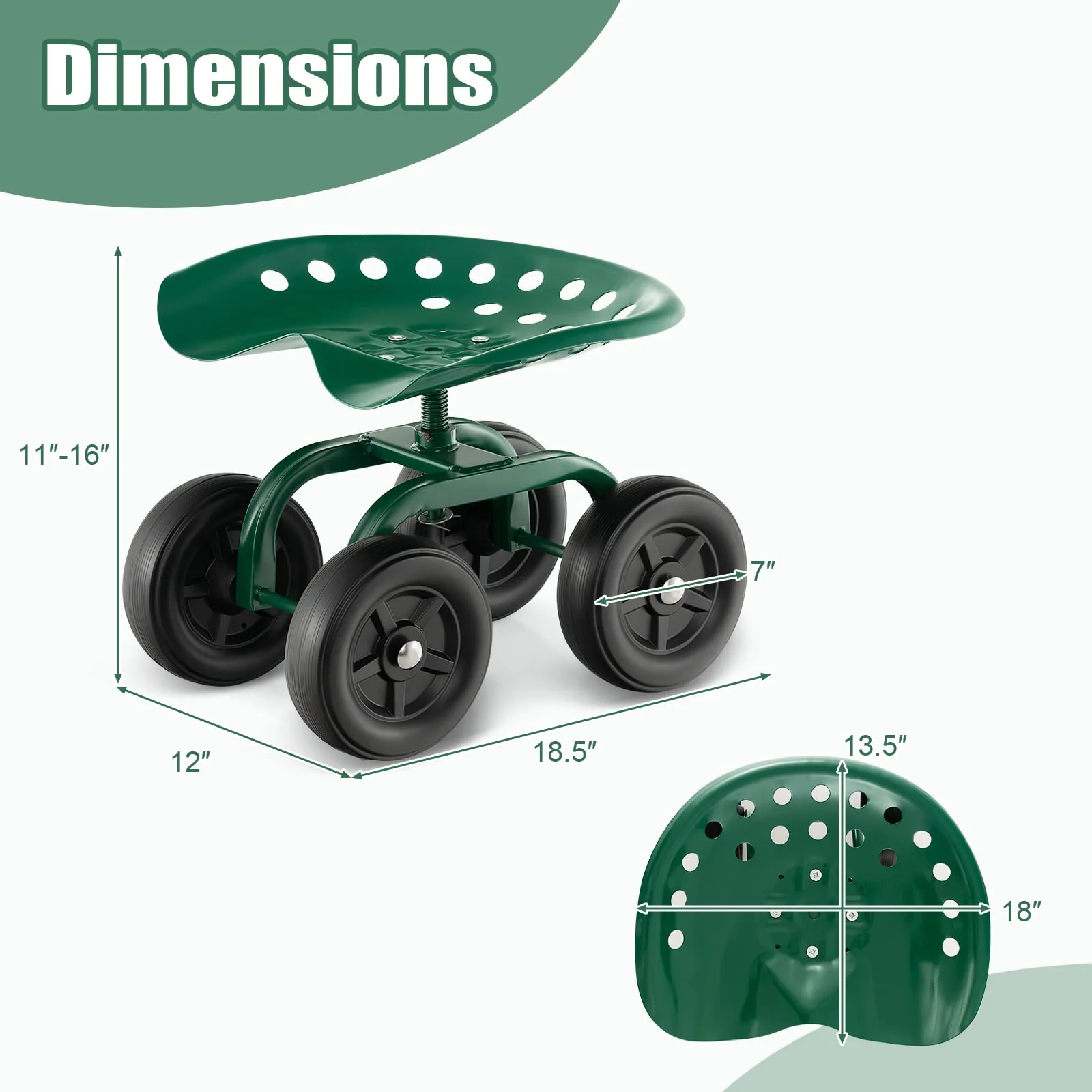 Goplus Garden Cart with Wheels, Utility Stool Cart w/Adjustable 360 Degree Swivel Seat - Image 7