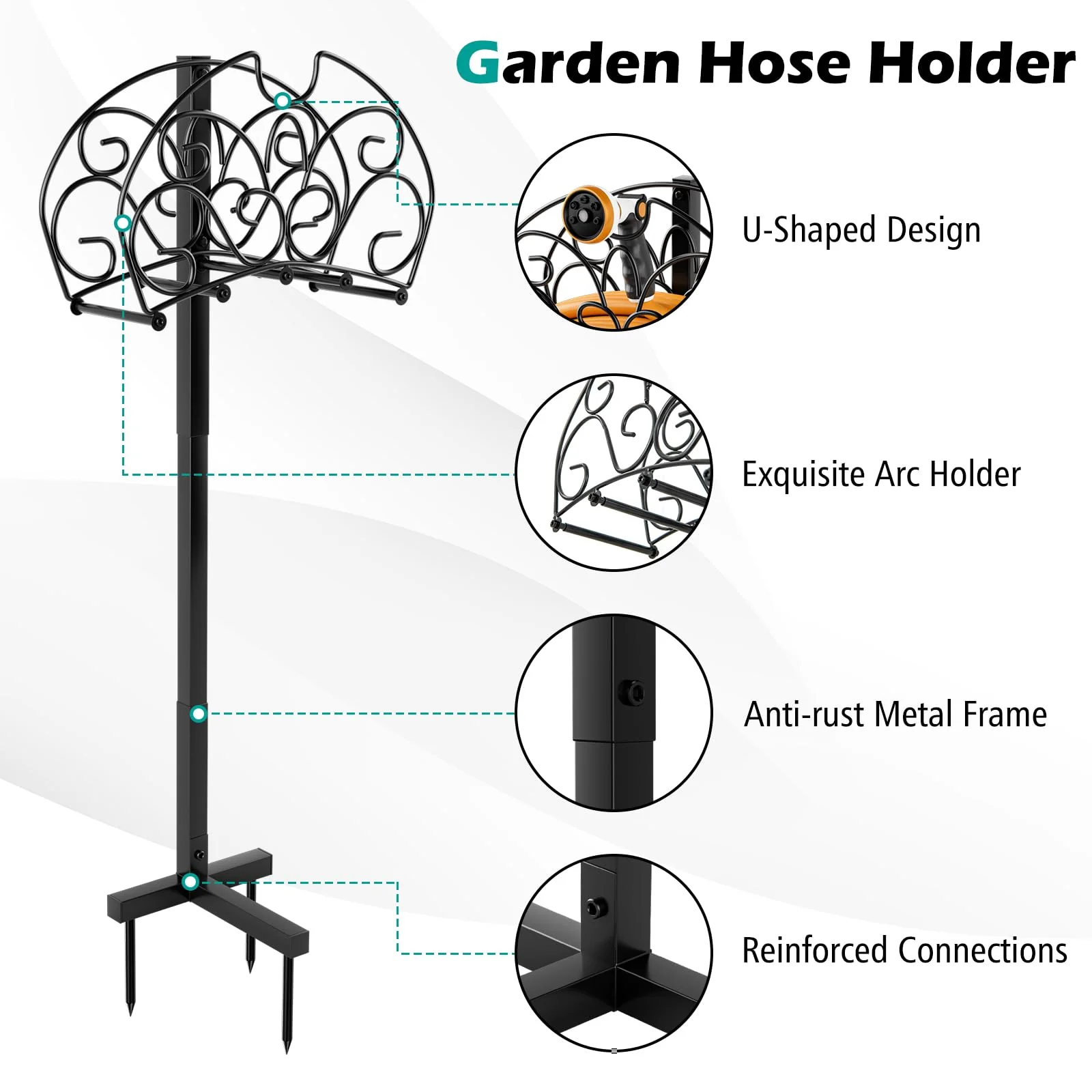 Goplus Garden Hose Holder, Detachable Metal Hose Stand Rack with 3 Anchor Points - Image 4