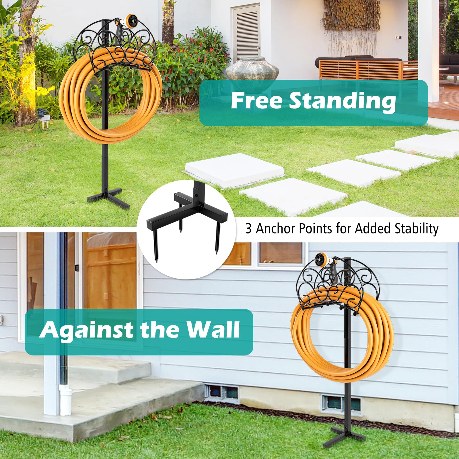 Goplus Garden Hose Holder, Detachable Metal Hose Stand Rack with 3 Anchor Points - Image 6