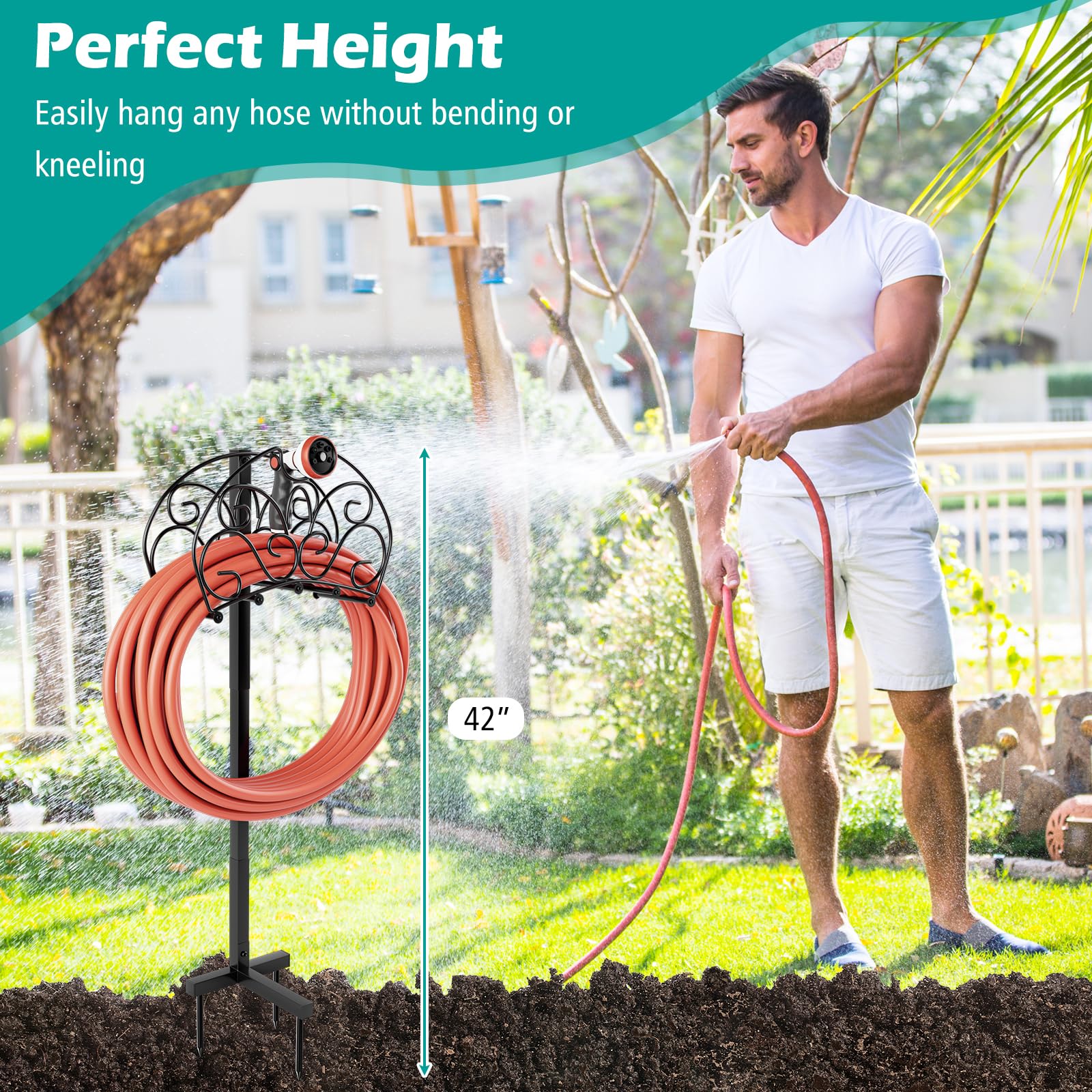 Goplus Garden Hose Holder, Detachable Metal Hose Stand Rack with 3 Anchor Points - Image 7