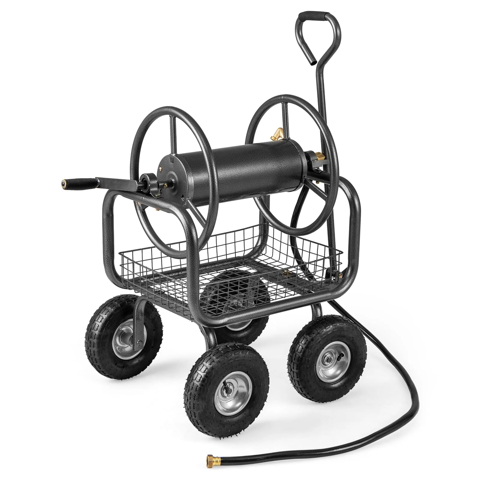 Goplus Hose Reel Cart with Storage Basket Hold Up to 300 ft of 5/8" Hoses